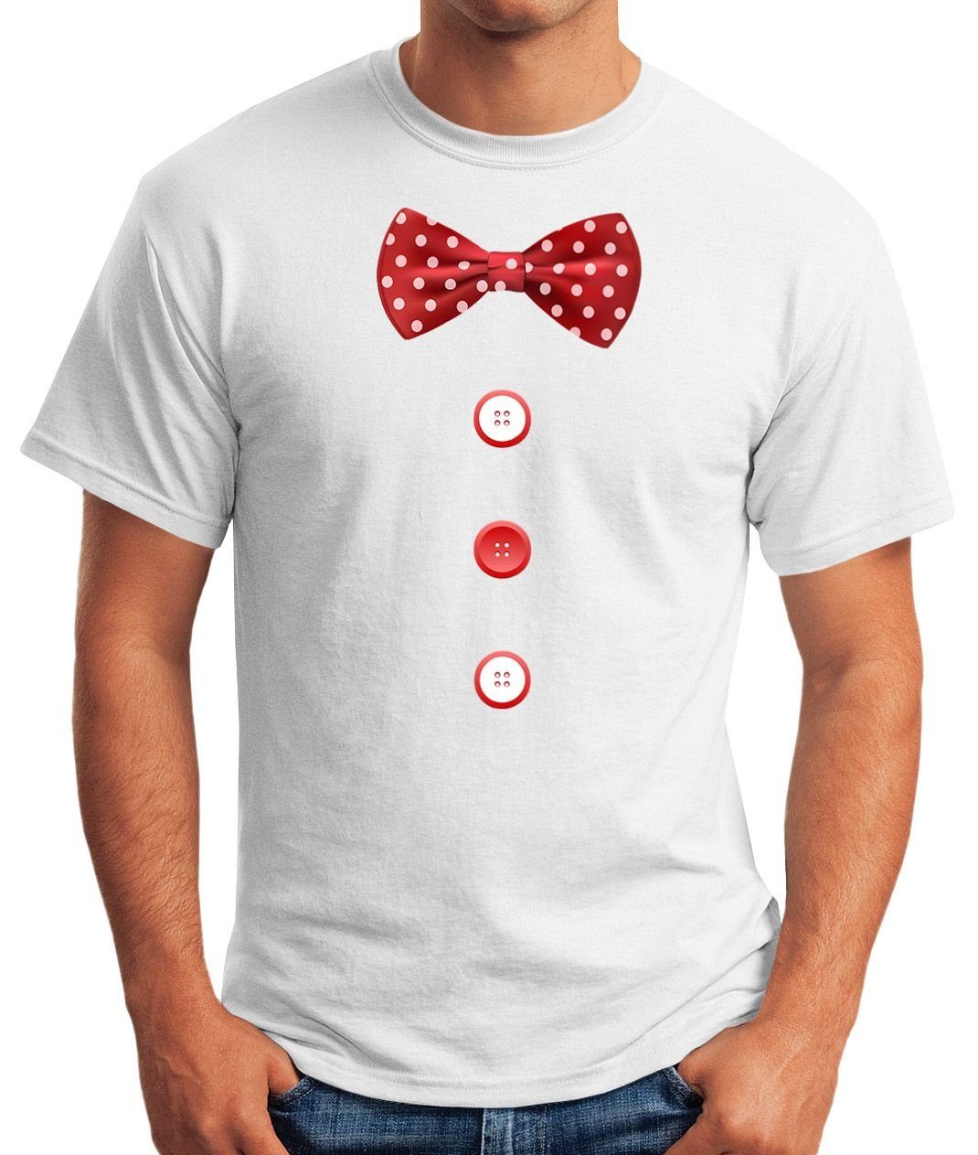 Fasching Fliege Print mit Knöpfe Karneval MoonWorks Herren Fastnacht Clown Schleife Moonworks® Print-Shirt Kostüm weiß T-Shirt