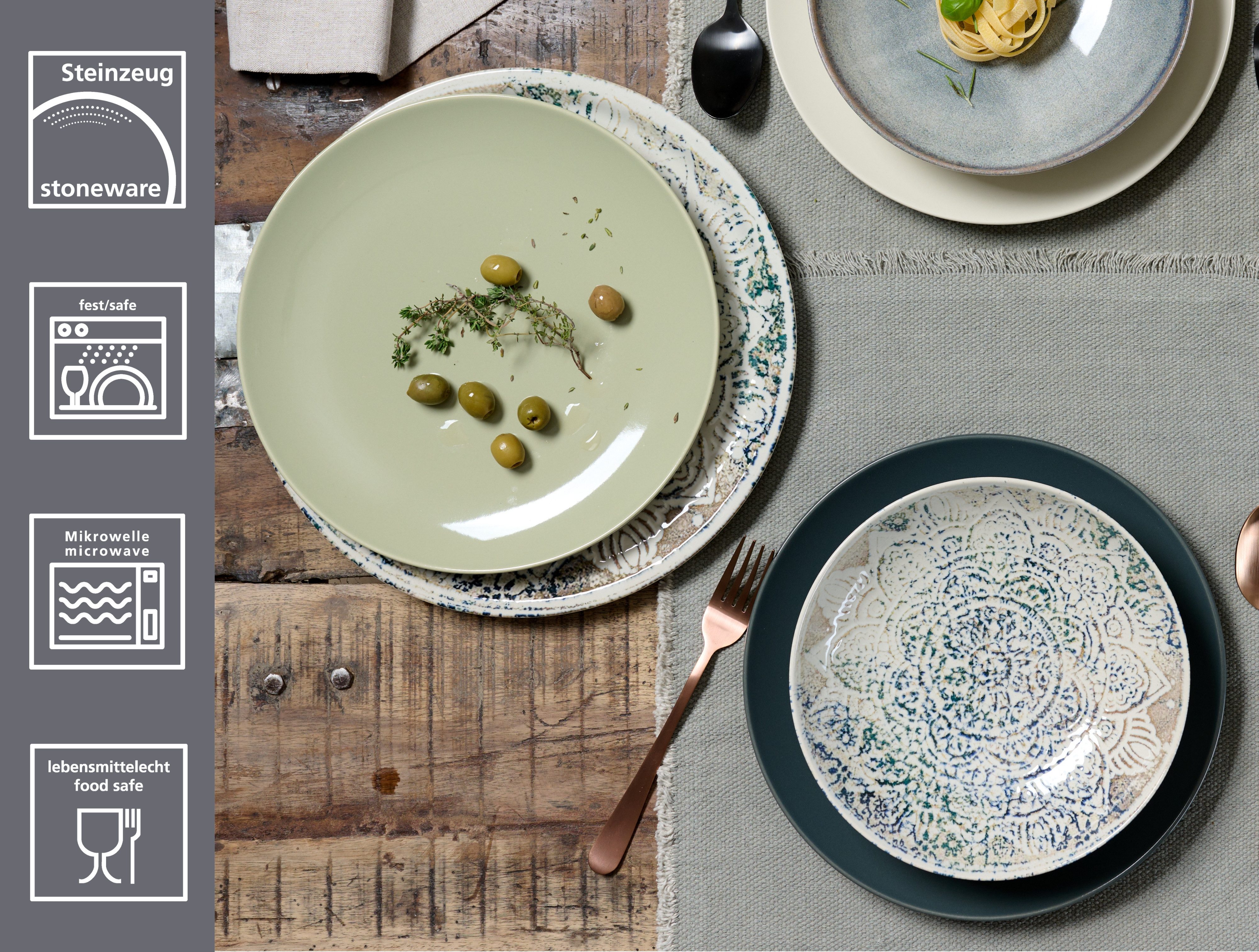 Ritzenhoff & Breker Tafelservice Luig (18-tlg), 6 Personen, Steinzeug, Teller Set, keramische Digitaldrucktechnik