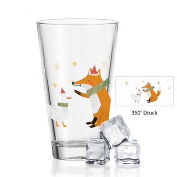 GRAVURZEILE Glas Wasserglas mit UV-Druck - Winterfuchs und Gans Motiv - zu Weihnachten, Glas