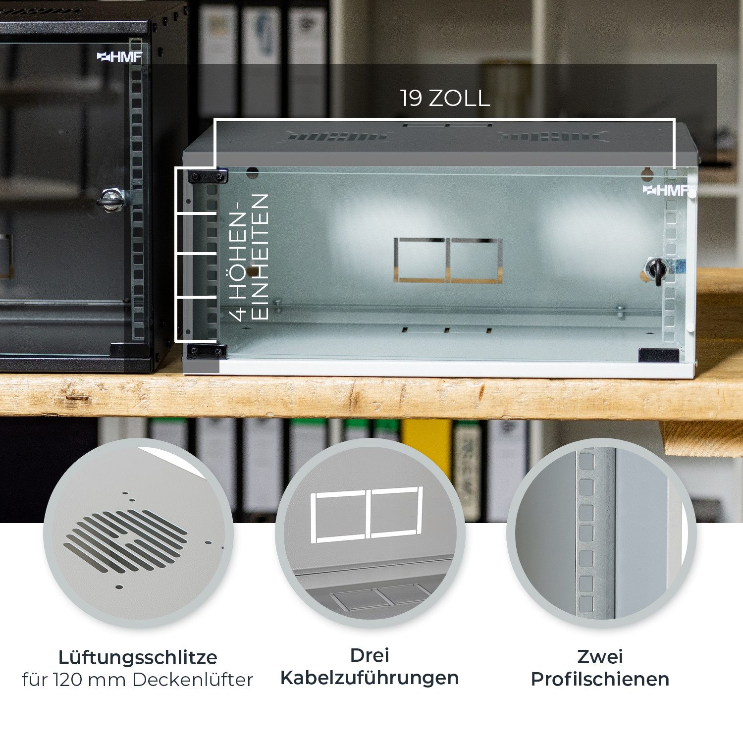 HMF Serverschrank Netzwerkschrank, Serverschrank 19 Zoll, 4 HE, 400 mm Tiefe, Glastür, Lichtgrau
