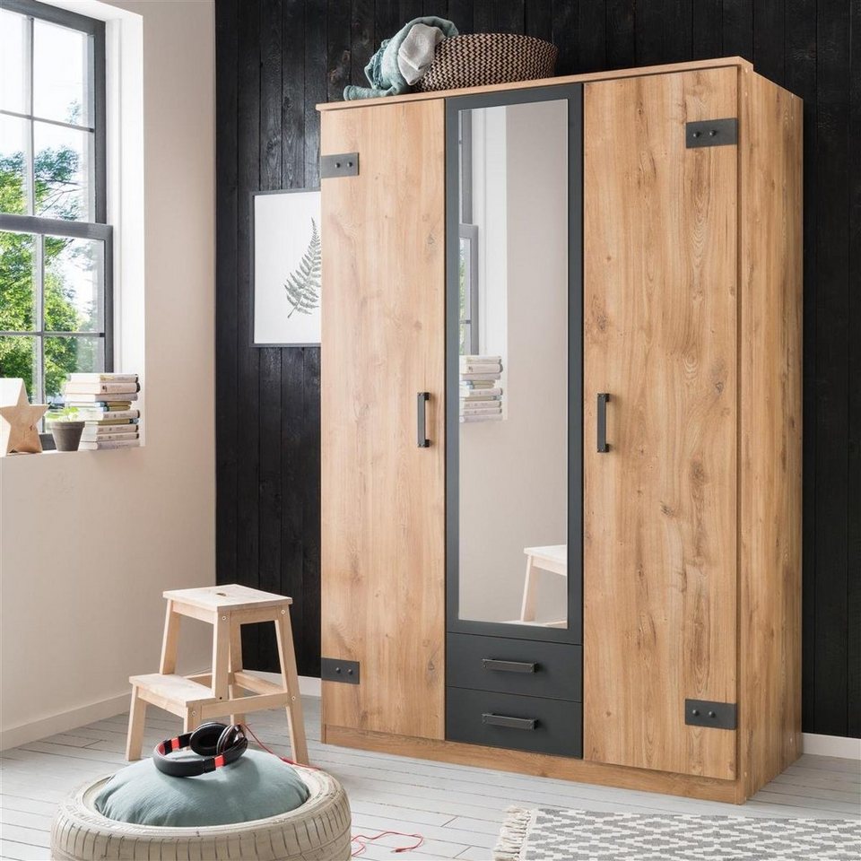 möbelando Drehtürenschrank »Cheston« Moderner Kleiderschrank aus Spanplatte in Plankeneiche Nachbildung, Absetzungen in Graphit mit 122 Holztüren, 12 möbelando Drehtürenschrank »Cheston« Moderner Kleiderschrank aus Spanplatte in Plankeneiche Nachbildung, Absetzungen in Graphit mit 122 Holztüren, 12