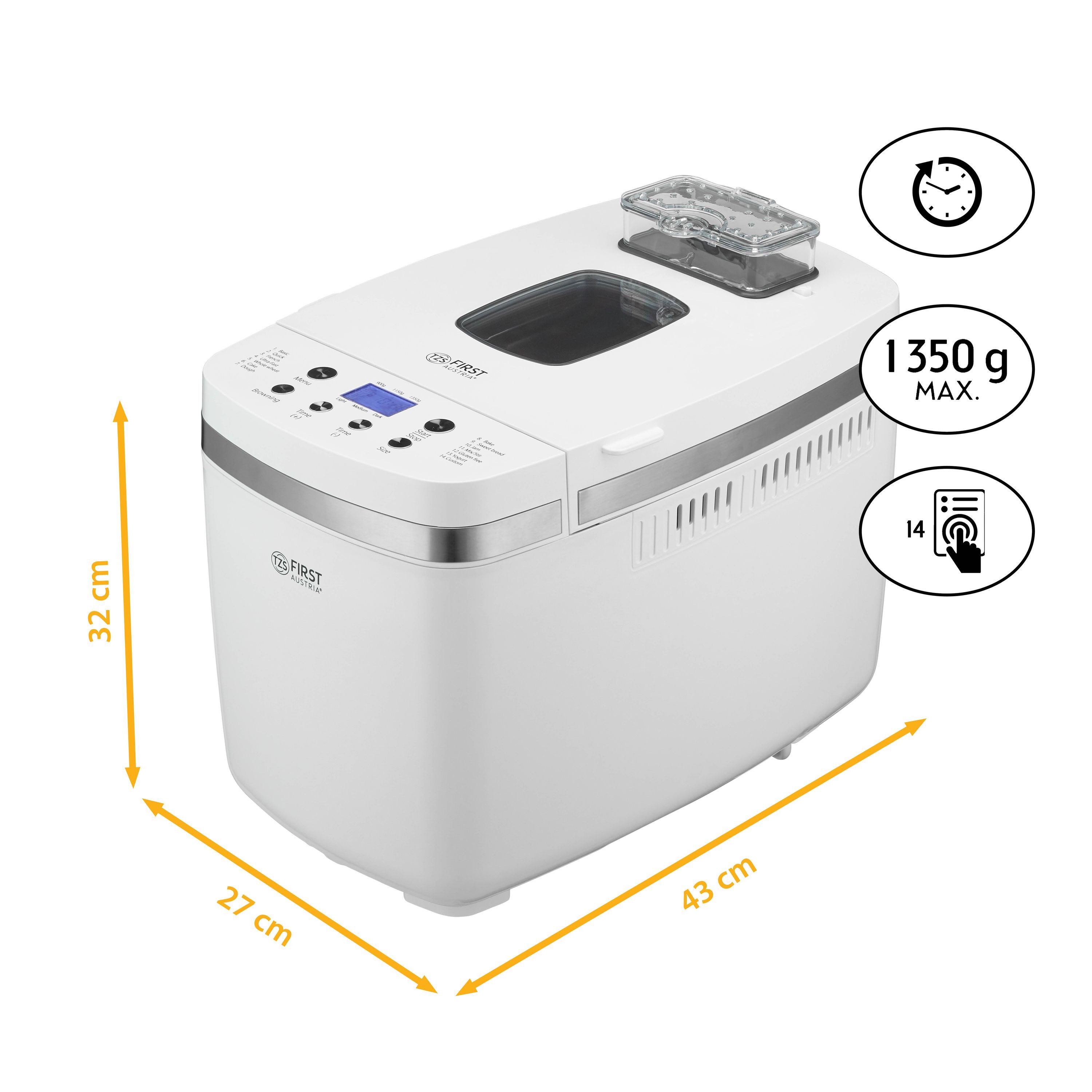 TZS FIRST AUSTRIA Brotbackautomat 900g oder 1350g, 850W, Timer, Abschaltautomatik, Display, 14 Programme, 0 W, Brotbackautomat, 2 Knethaken, Antihaftbeschichtet, Sauerteig