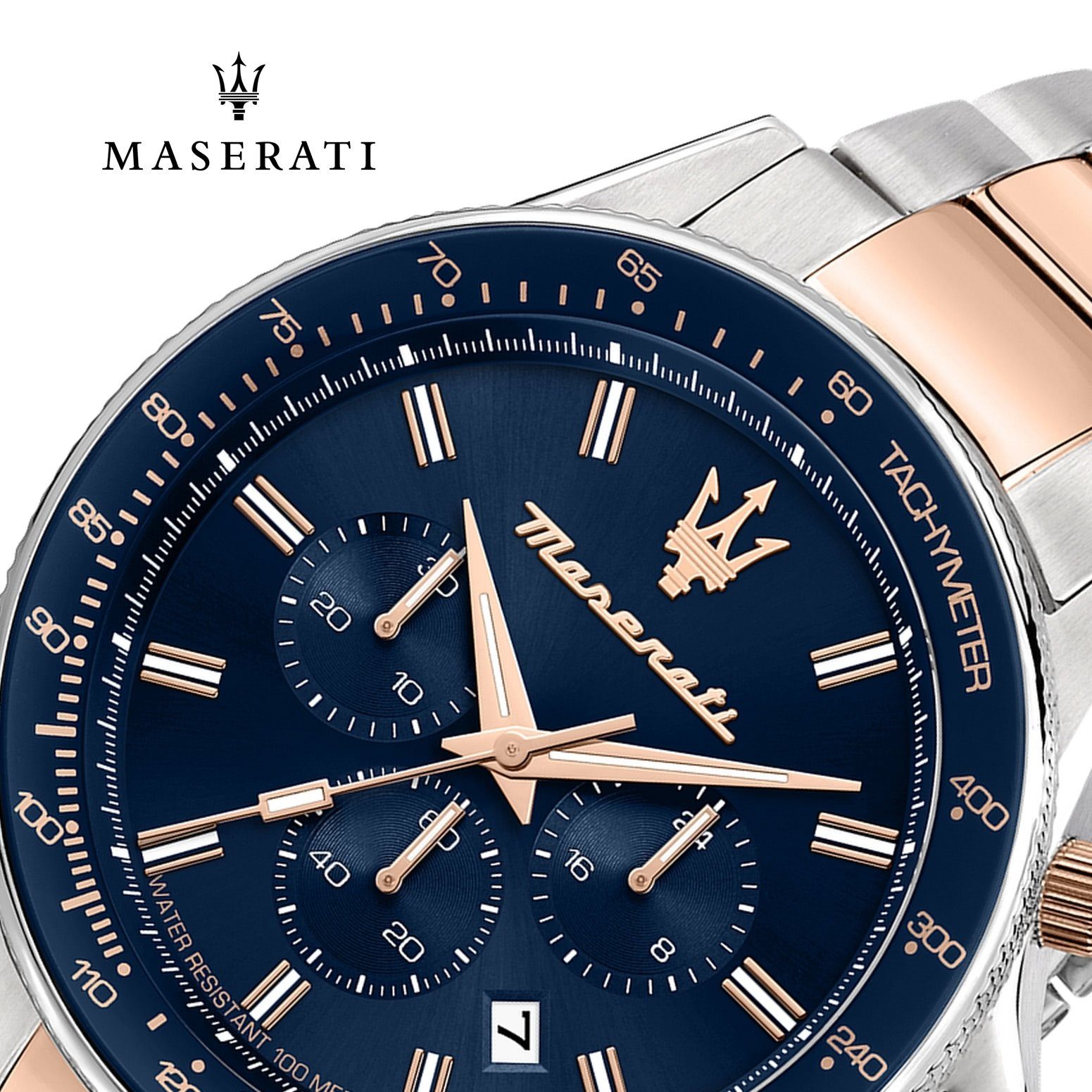 MASERATI Chronograph Maserati Herrenuhr Sfida Chrono, (Chronograph), Herrenuhr rund, groß (ca. 44mm) Edelstahlarmband, Made-In Italy
