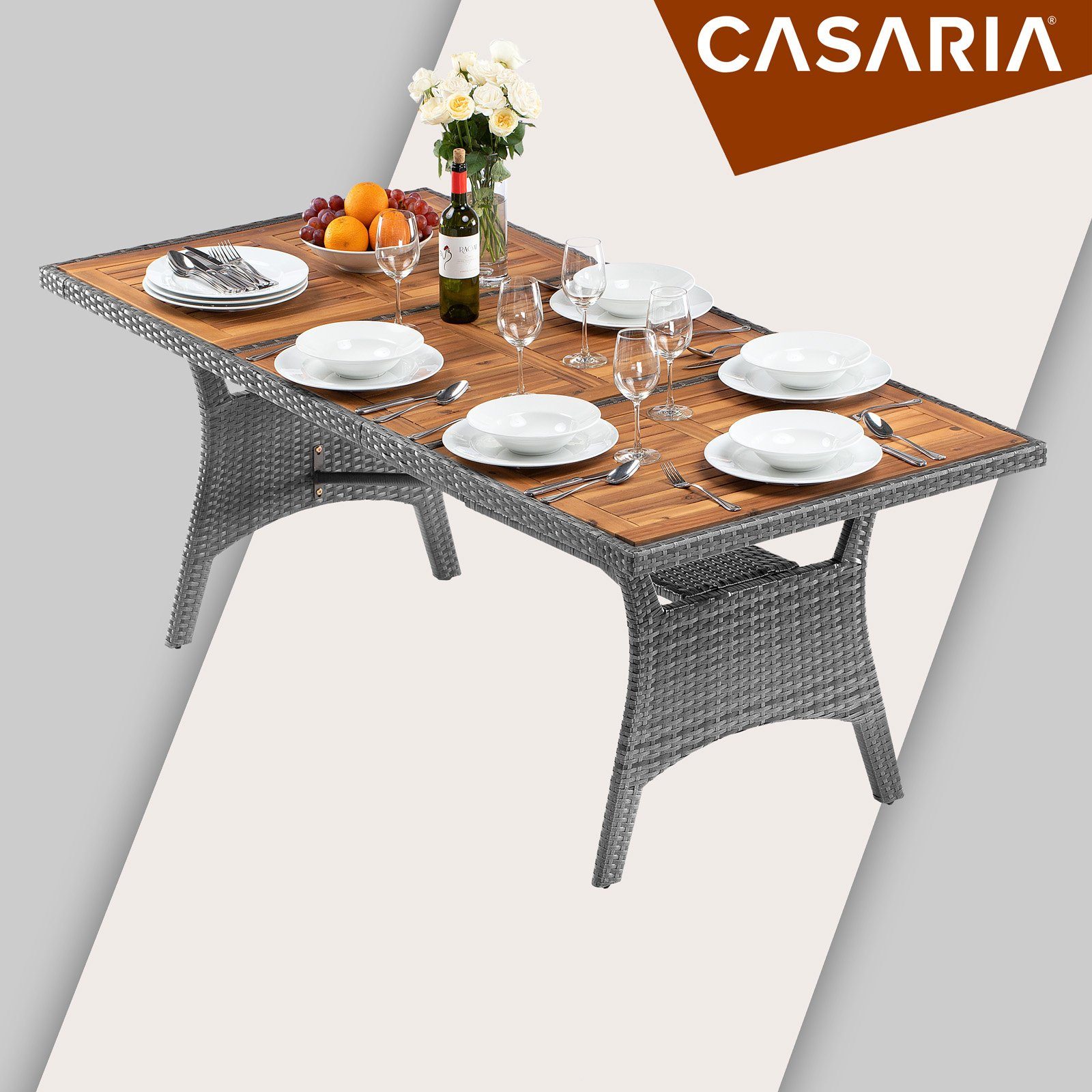 Akazienholz 190x90x74cm (1-St), Casaria zertifiziertes Gartentisch mit Grau FSC®- Polyrattan Ablage