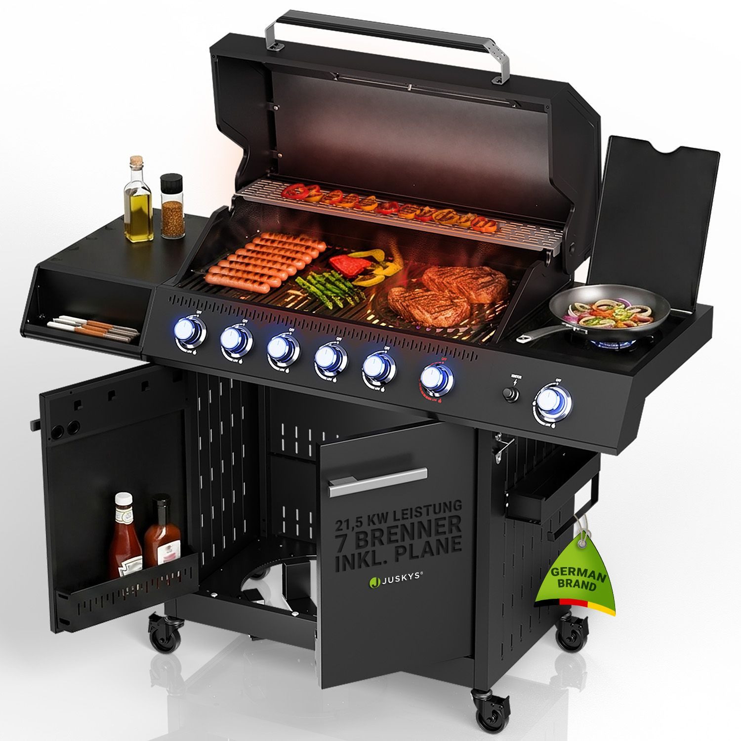 Juskys Gasgrill Tennessee, 6+1 Brenner, Gusseisenrost, Sichtfenster, LED-Regler