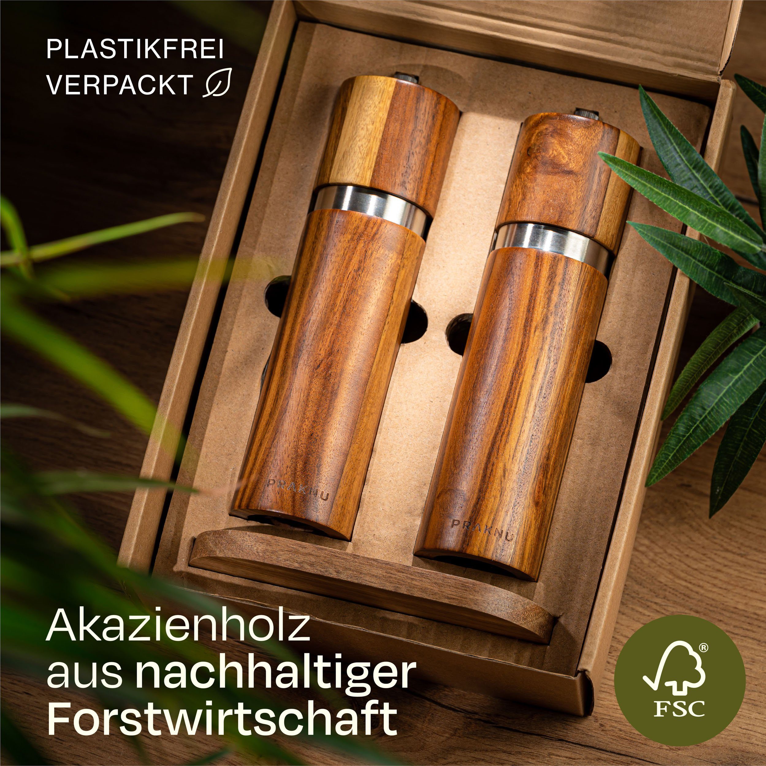 Praknu FSC Nachhaltiges Holz aus Plastikfrei und - Salz- Pfeffermühle Akazienholz Gewürzmühle - Keramikmahlwerk manuell, Langlebiges