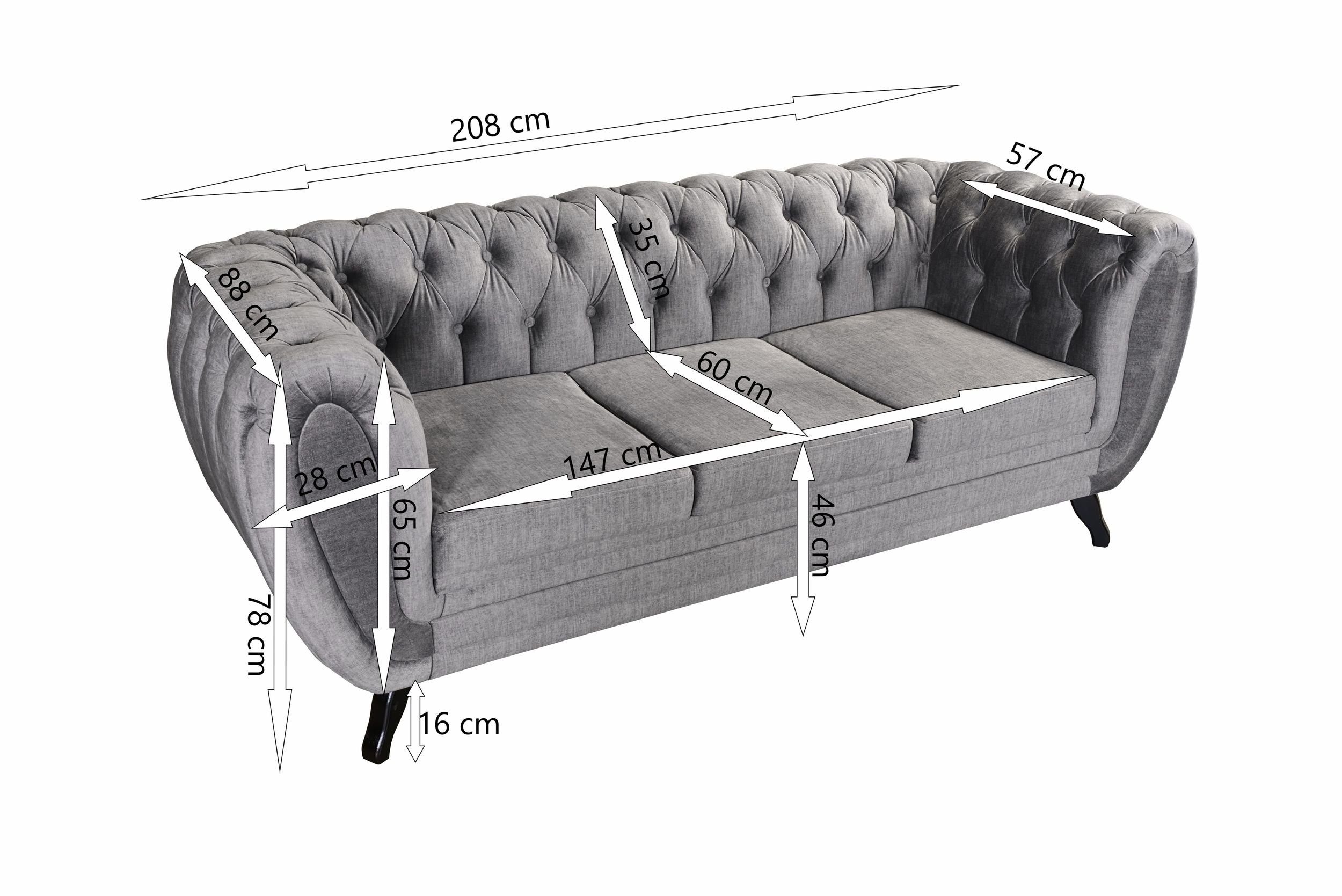 Edles grau Polstersofa Sofa Sitzer Velours Couch Wohnlandschaft, Küchen-Preisbombe Chesterfield 3 Sofa Sofa