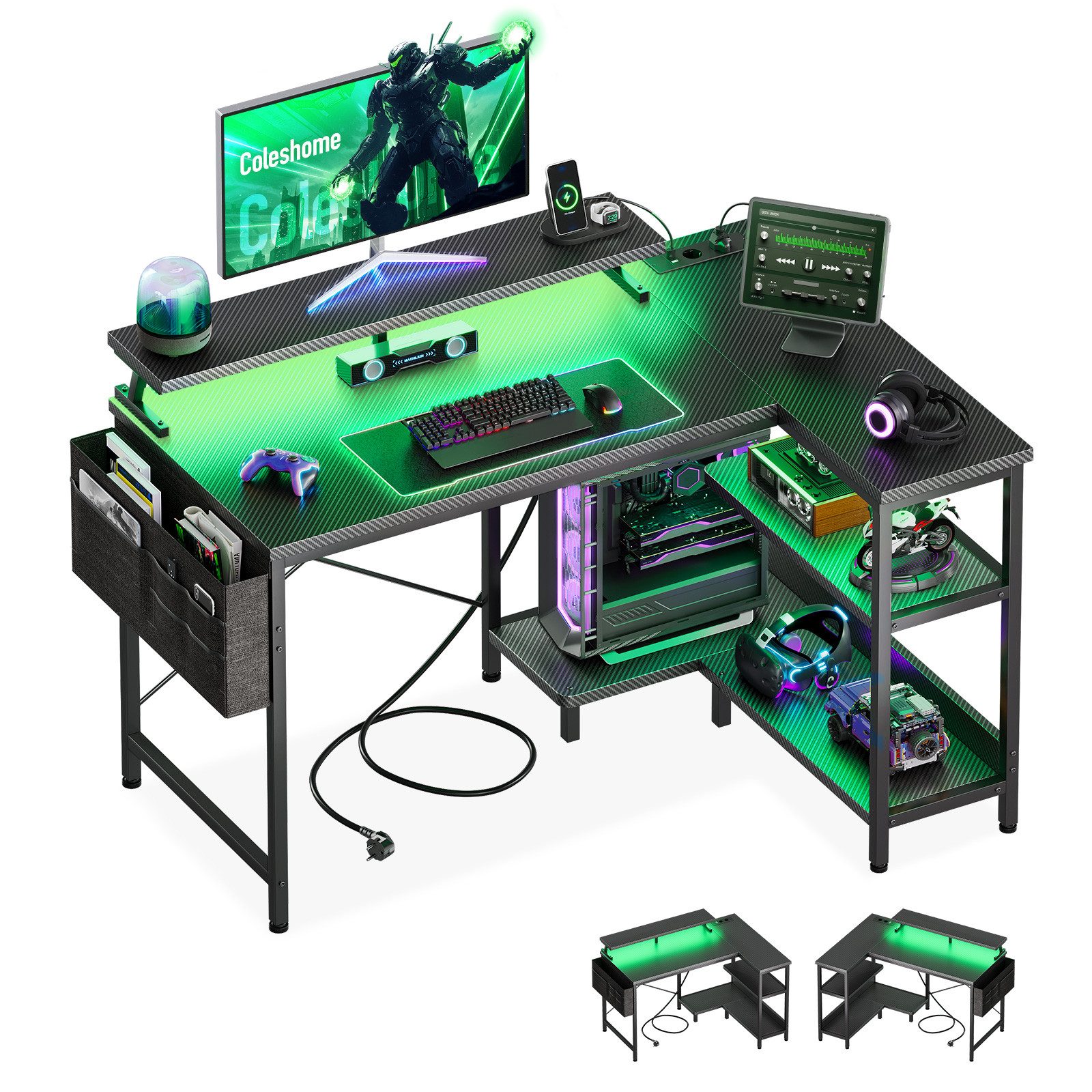 ODK Gamingtisch L Form mit LED-Beleuchtung, 100cm in schwarz mit Kohlefaser-Optik (1-St), Computertisch mit integrierter Steckdose – ideal für Gaming und Büro