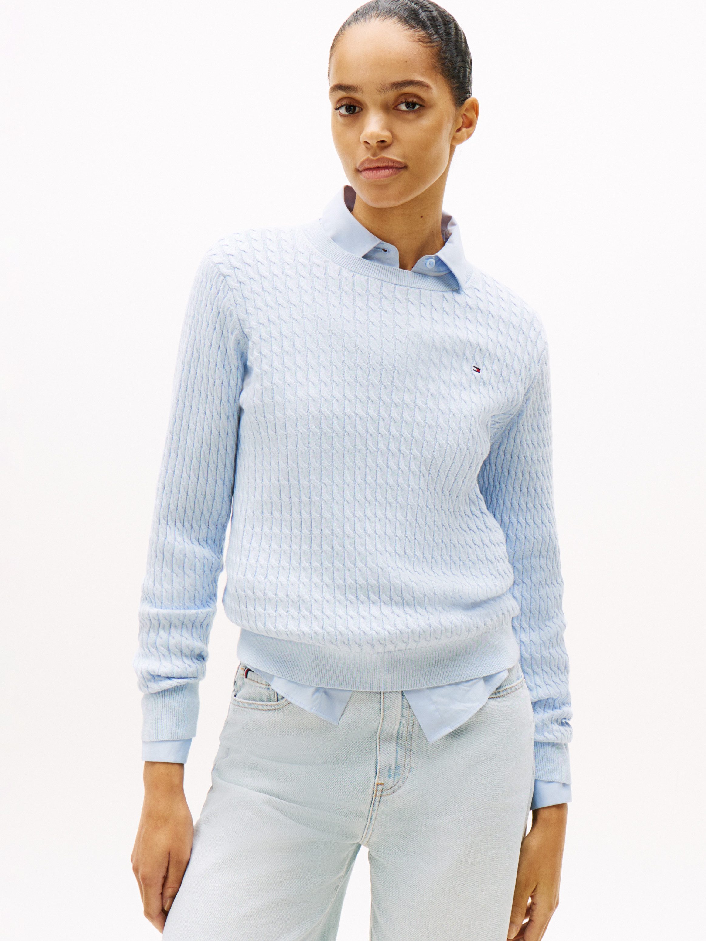 Tommy Hilfiger Rundhalspullover CO CABLE C-NK LS SWEATER Baumwolle, mit Zopfmuster