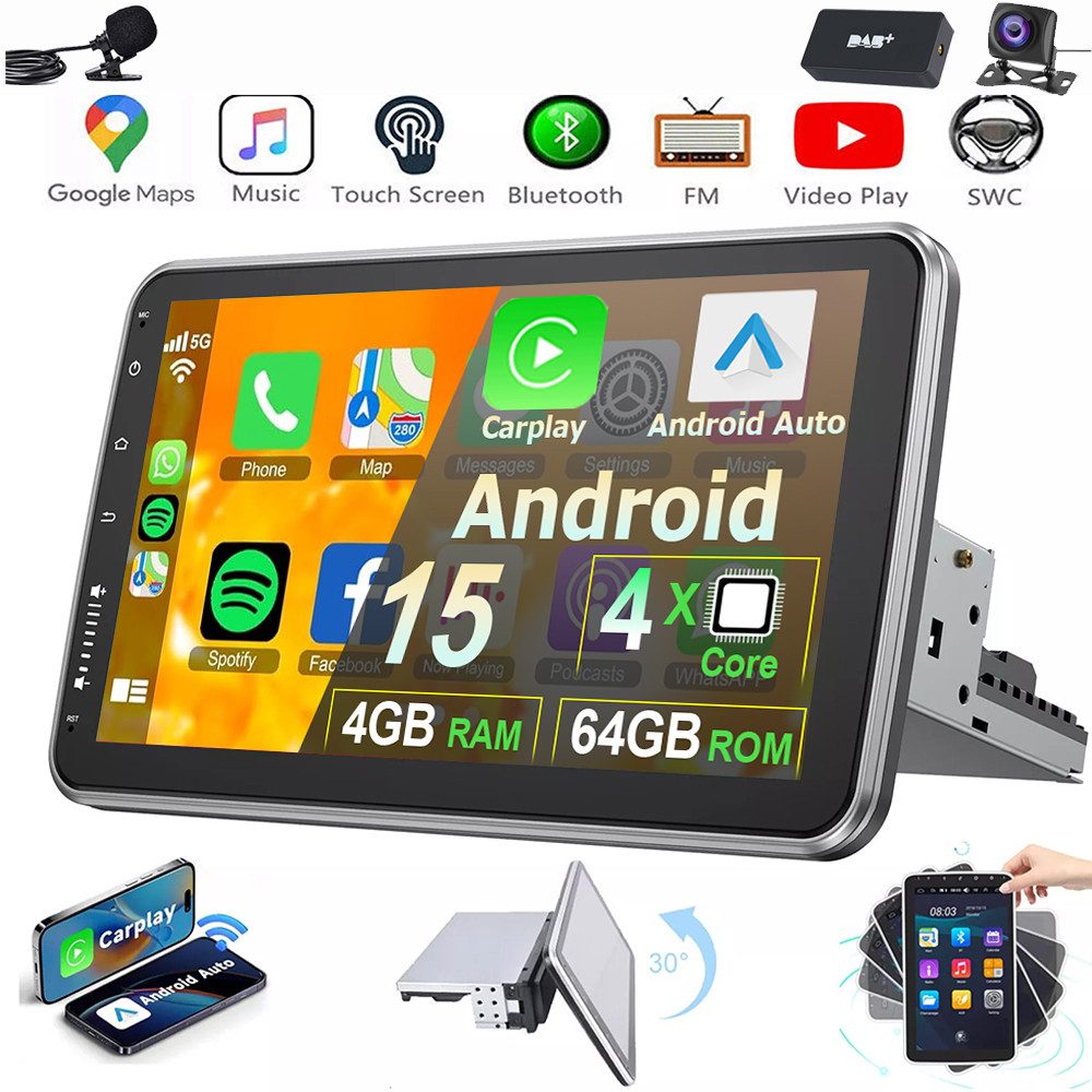 MOPECT 4+64G Android 15 Autoradio 1 DIN 360° Drehbar Bildschirm Carplay Navigationsgerät (Carplay Android Auto Bluetooth FM AM RDS WIFI GPS)