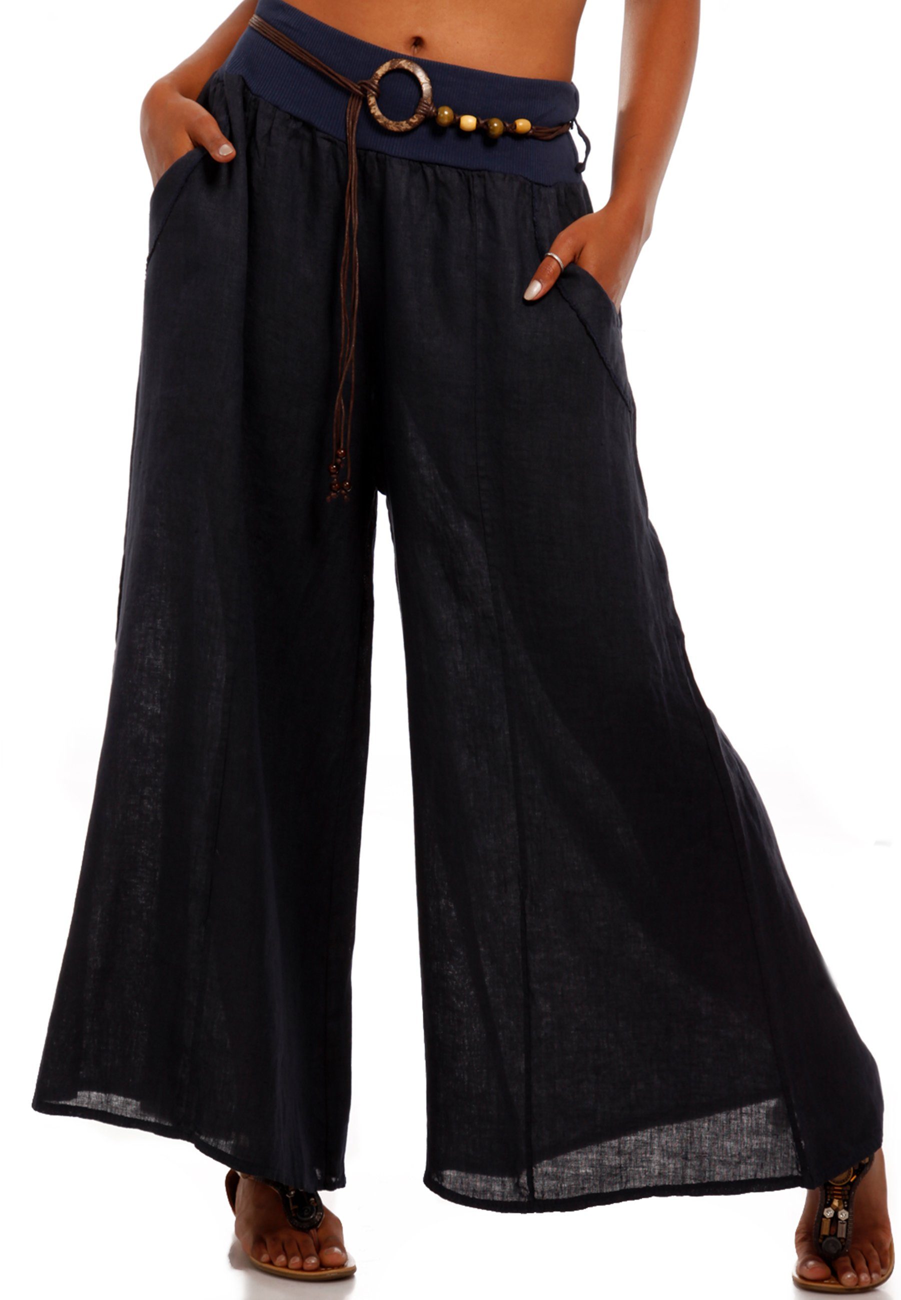 YC Fashion Leinenhose marine Style Bein mit (1-tlg) mit & weitem Leinenhose Bund casual, elastischem Hosenrock