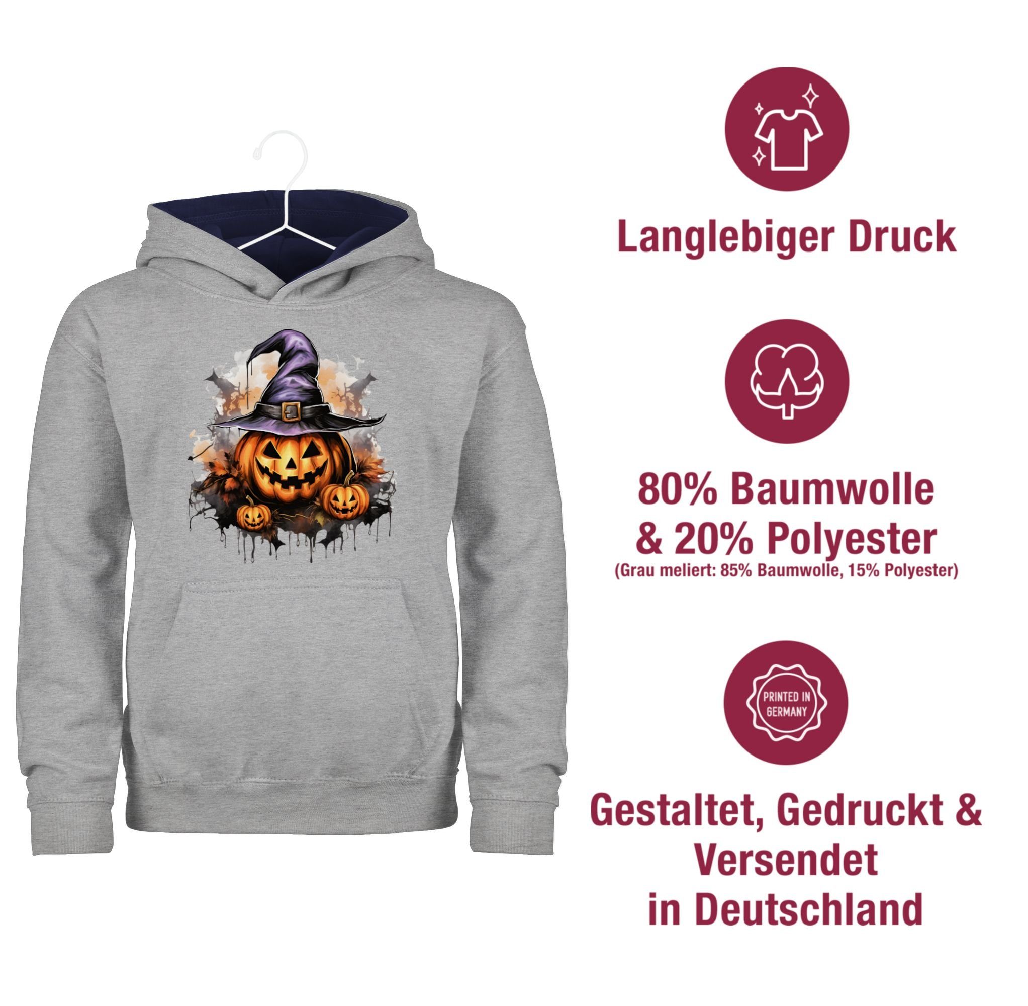 Shirtracer Hoodie Kürbis Böse Gruselig Hexenhut Grusliger Grau Kinder für Blau Kostüme meliert/Navy 3 Halloween