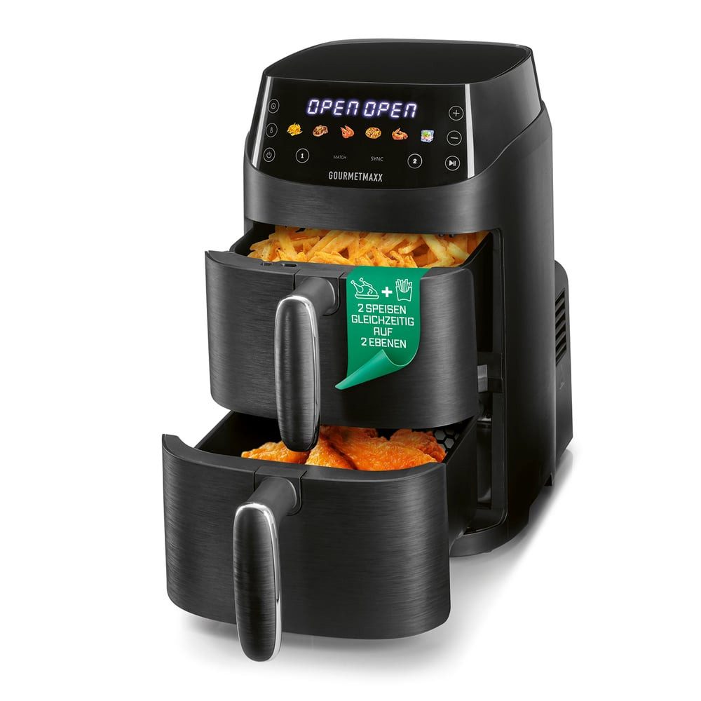GOURMETmaxx Heißluftfritteuse GOURMETmaxx Heißluft-Fritteuse 2000W schwarz Doppelkorb vertikal 2x 2,5l, 2000 W, Heißluftfritteuse 2 Kammern - Touchdisplay - SYNC & MATCH - XS-Größe