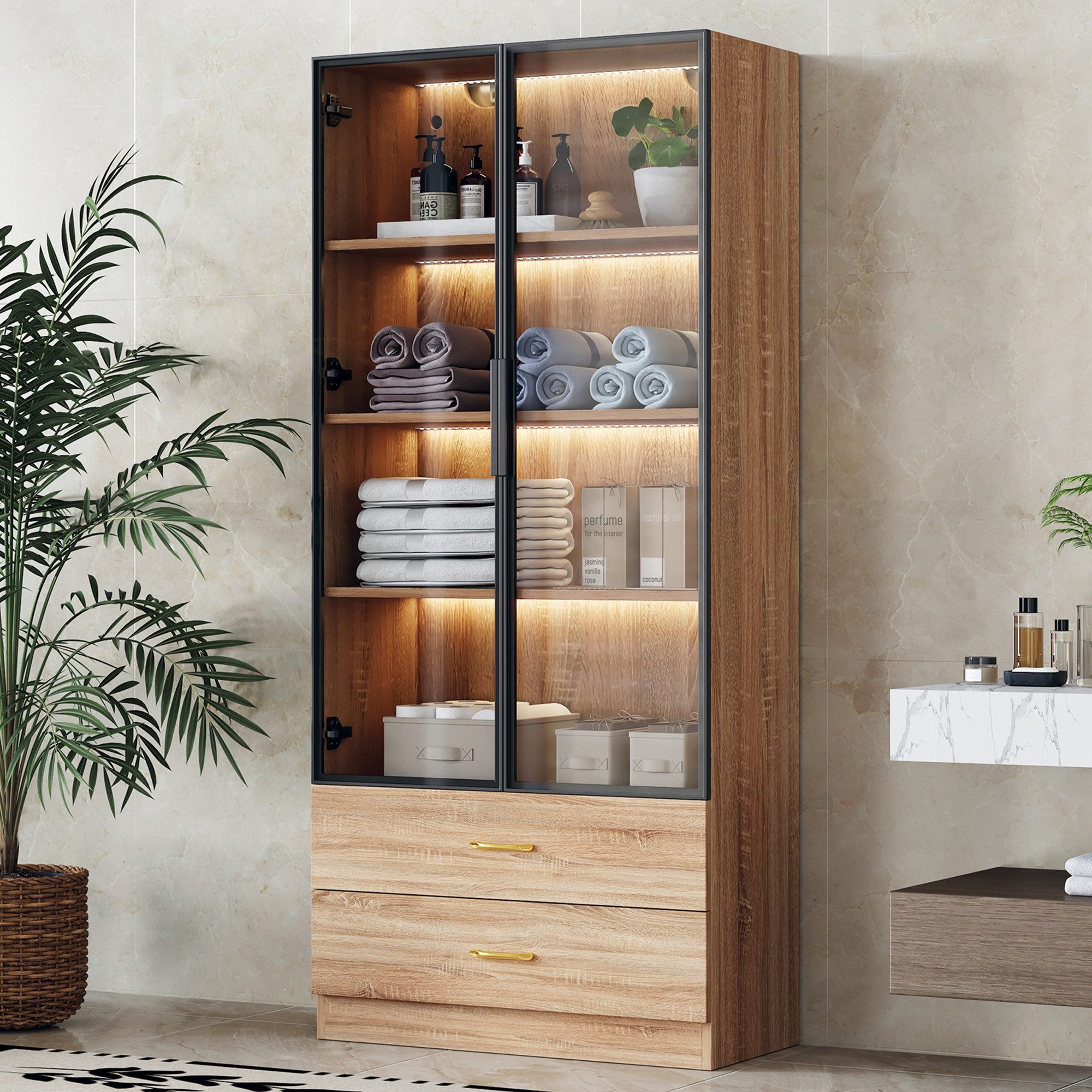 Merax Glasvitrine mit 2 Schubladen, LED, Hochschrank, Stehend Vitrinenschrank (1-St., für Wohnzimmer Schlafzimmer) Badezimmerschrank, 75x34.5x170cm
