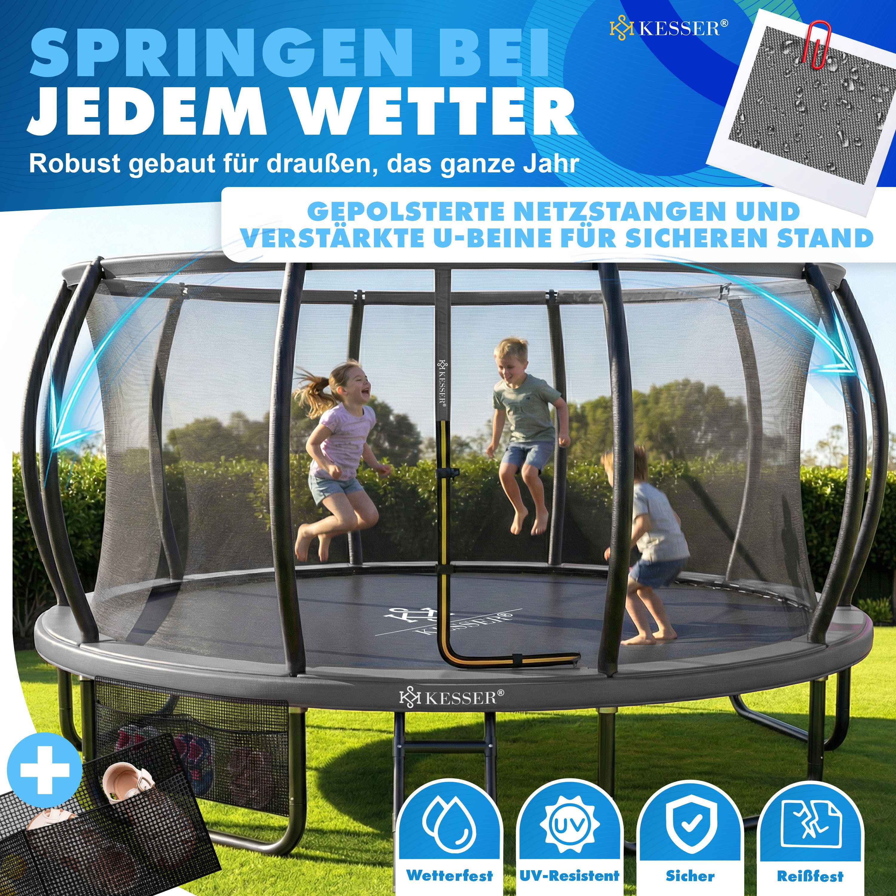 KESSER Gartentrampolin Trampolin Outdoor GS-geprüft Ø 244cm für Kinder bis 50kg, Ø 244 cm, inklusive Sicherheitsnetz, Tasche, Leiter, Randabdeckung & Netzstangen