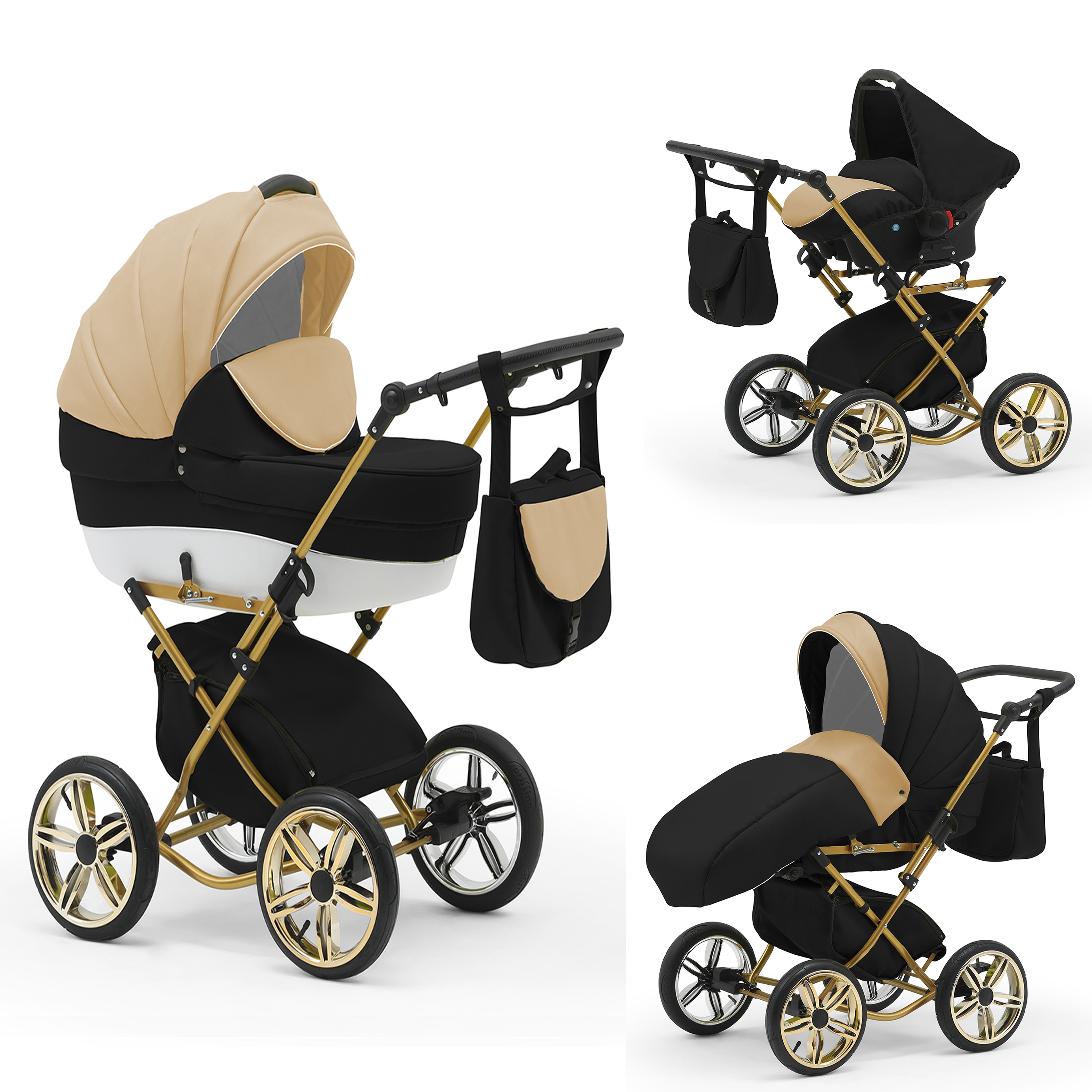 babies-on-wheels Kombi-Kinderwagen Sorento 4 in 1 inkl. Autositz und Iso Base - 14 Teile - in 10 Designs Hellbeige-Schwarz-Weiß