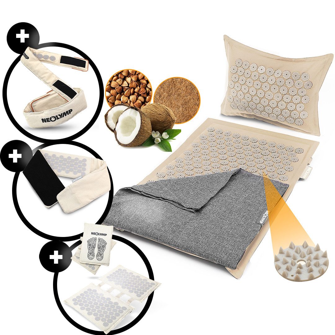 NEOLYMP Akupressurmatte Akupressur Bundle - mit Kokosfasern und Buchweizen - Videoanleitungen (Akupressur Matte Akupunktur Fußmatte, Akupressurgürtel, Akupressur Stirnband, Akupressurmatte, Akupressurgürtel, Akupressur Fußmatte, Stirnband), Akupressurmatte, Akupressur Fußmatte, Gürtel und Stirnband