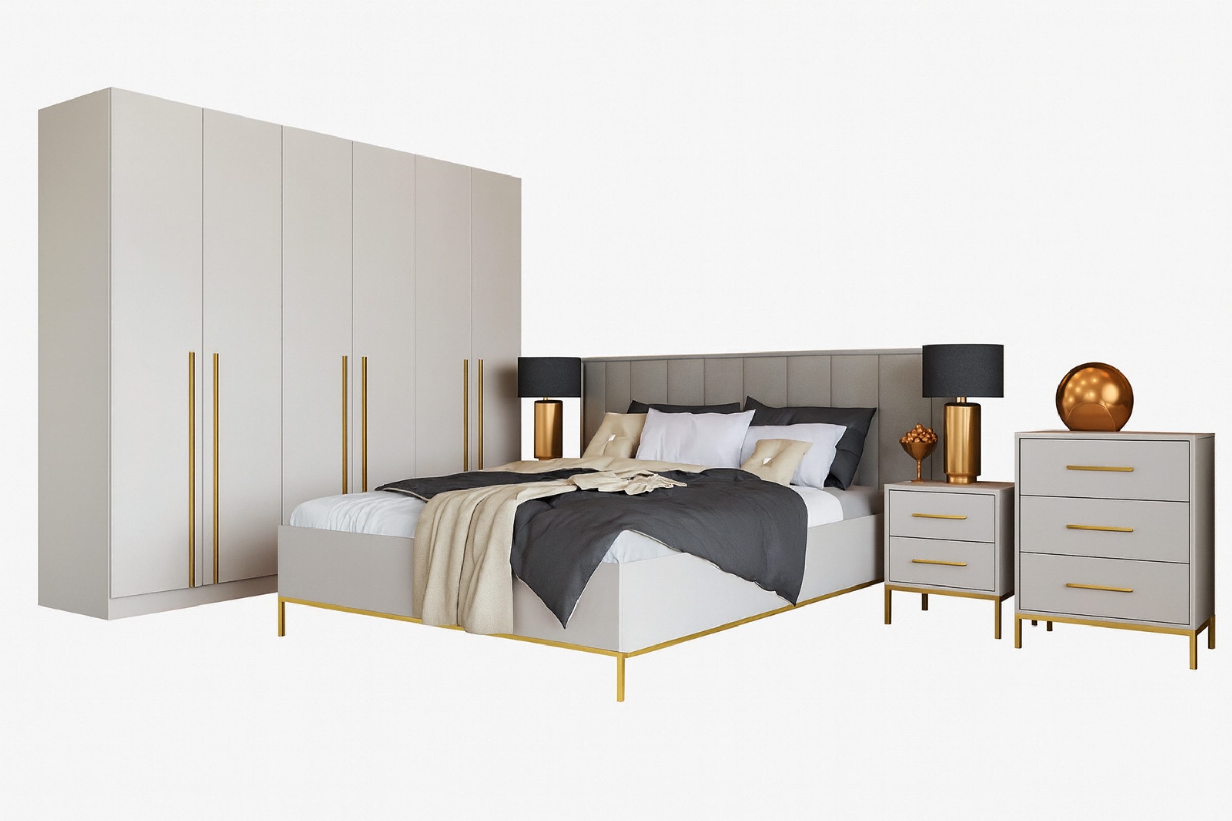 Deine Möbel 24 Schlafzimmer-Set A MIRELO Komplettschlafzimmer in Cashmere, (Set, 5-tlg., Kleiderschrank 230 cm breit), Kleiderschrank Kommode 2x Nachttisch Doppelbett 160x200