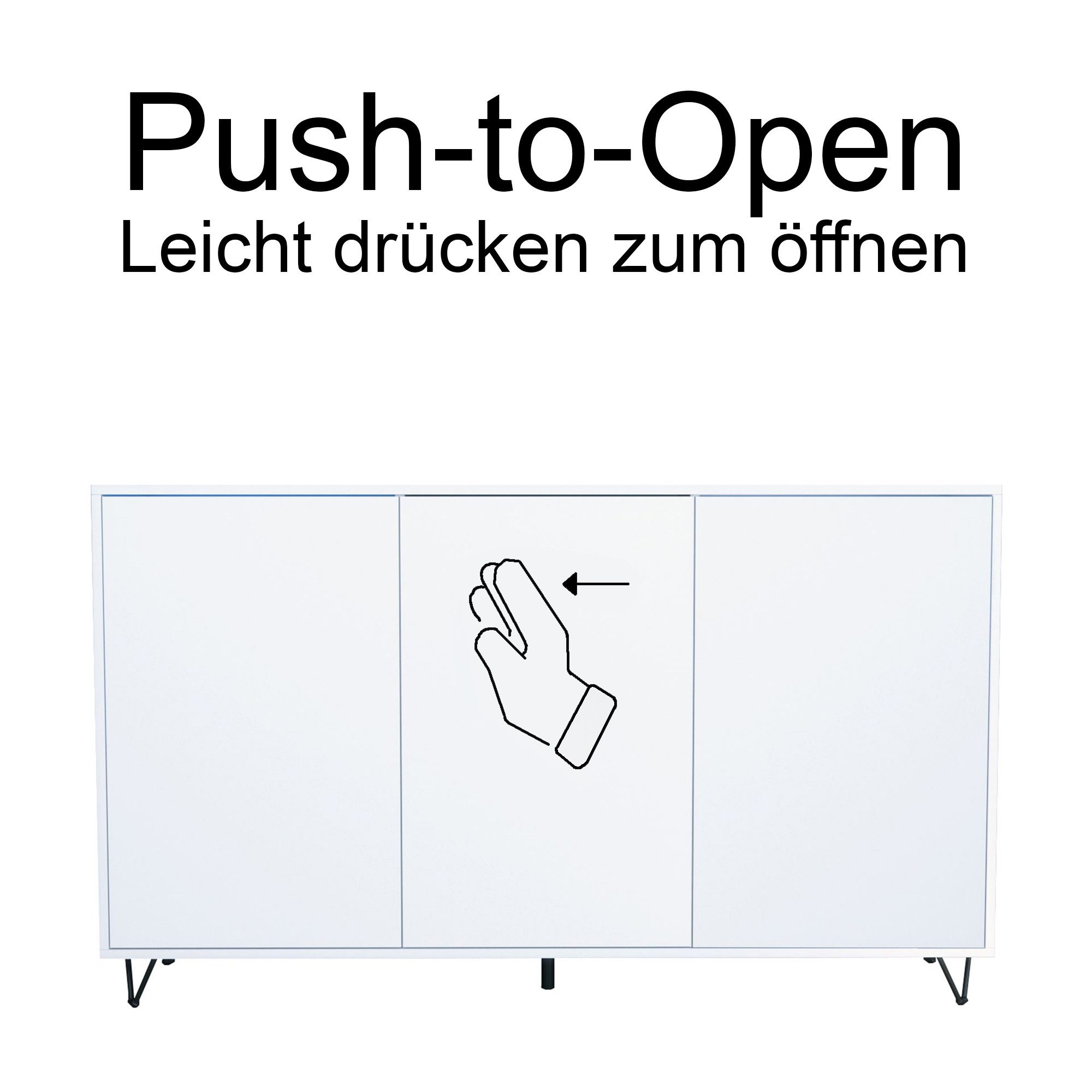 InnoFurn Sideboard Elisa, Kommode mit 3 Türen Push-to-Open, Made in Germany, Moderner Schrank