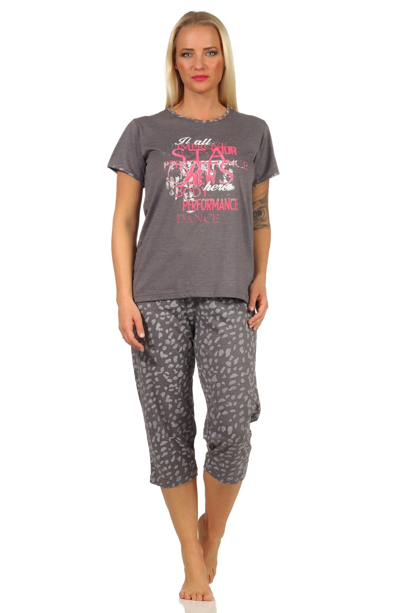 RELAX by Normann Pyjama Damen kurzarm Capri Schlafanzug mit tollem Frontprint und Caprihose grau