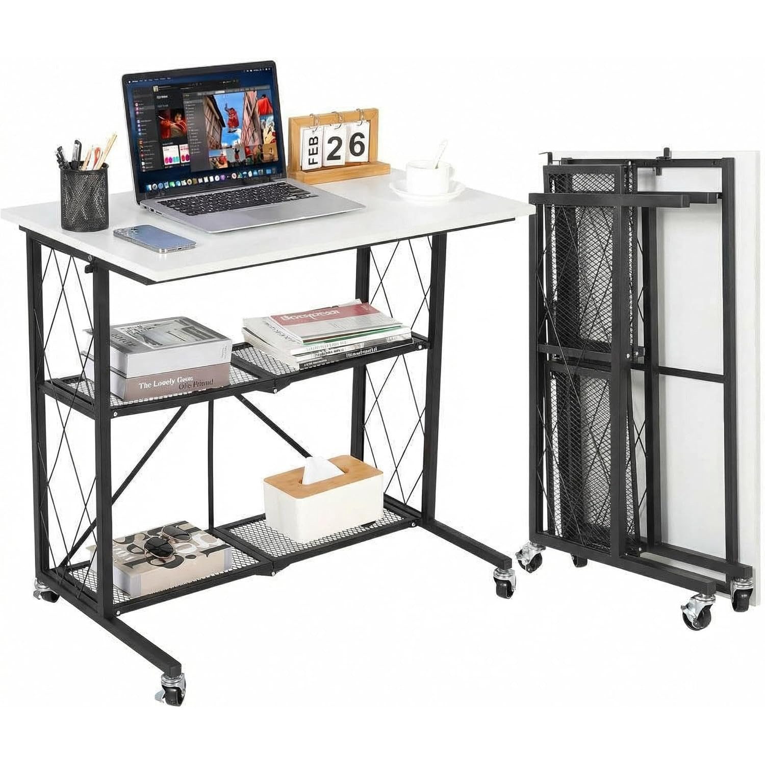 GarveeMore Computertisch 3-Stufiger Klappbarer Mit Rollen,Metall Schreibtisch Ohne Montage, Großes Freistehendes Drahtregal, Mobiler Arbeitsplatz Für Büro
