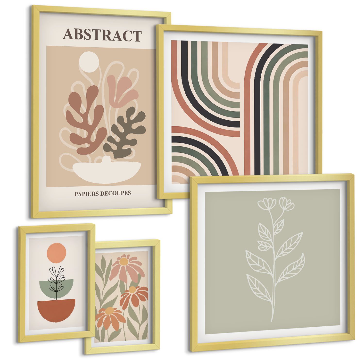 Tulup Mehrteilige Bilder Stilvolle abstrakte Pflanzenmotive im 5er-Set mit Geometrie, Stilvolle Pflanzenabstraktionen, Beige