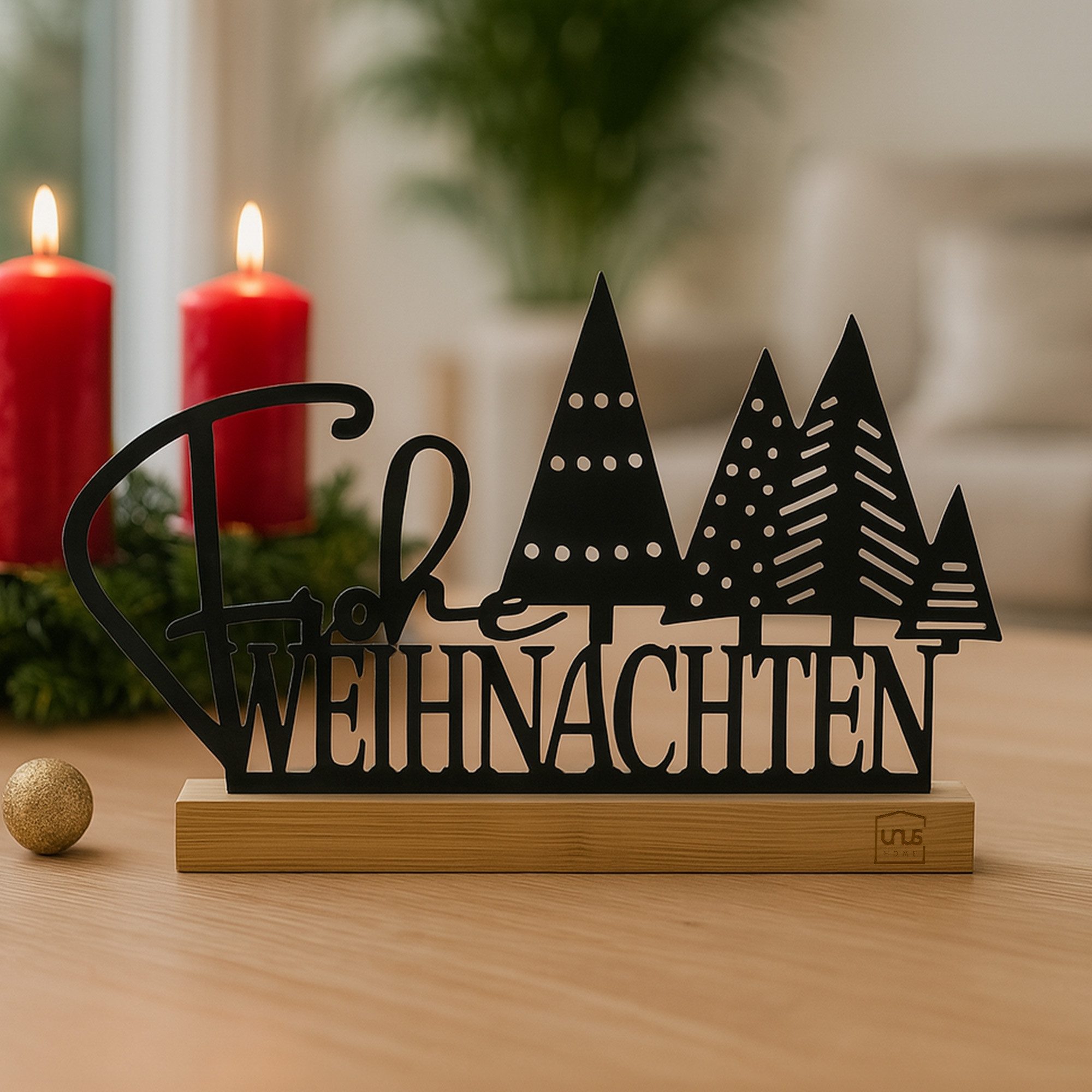 UNUS HOME Dekofigur Aufsteller "Frohe Weihnachten" mit Tannenbäumen schwarz günstig online kaufen