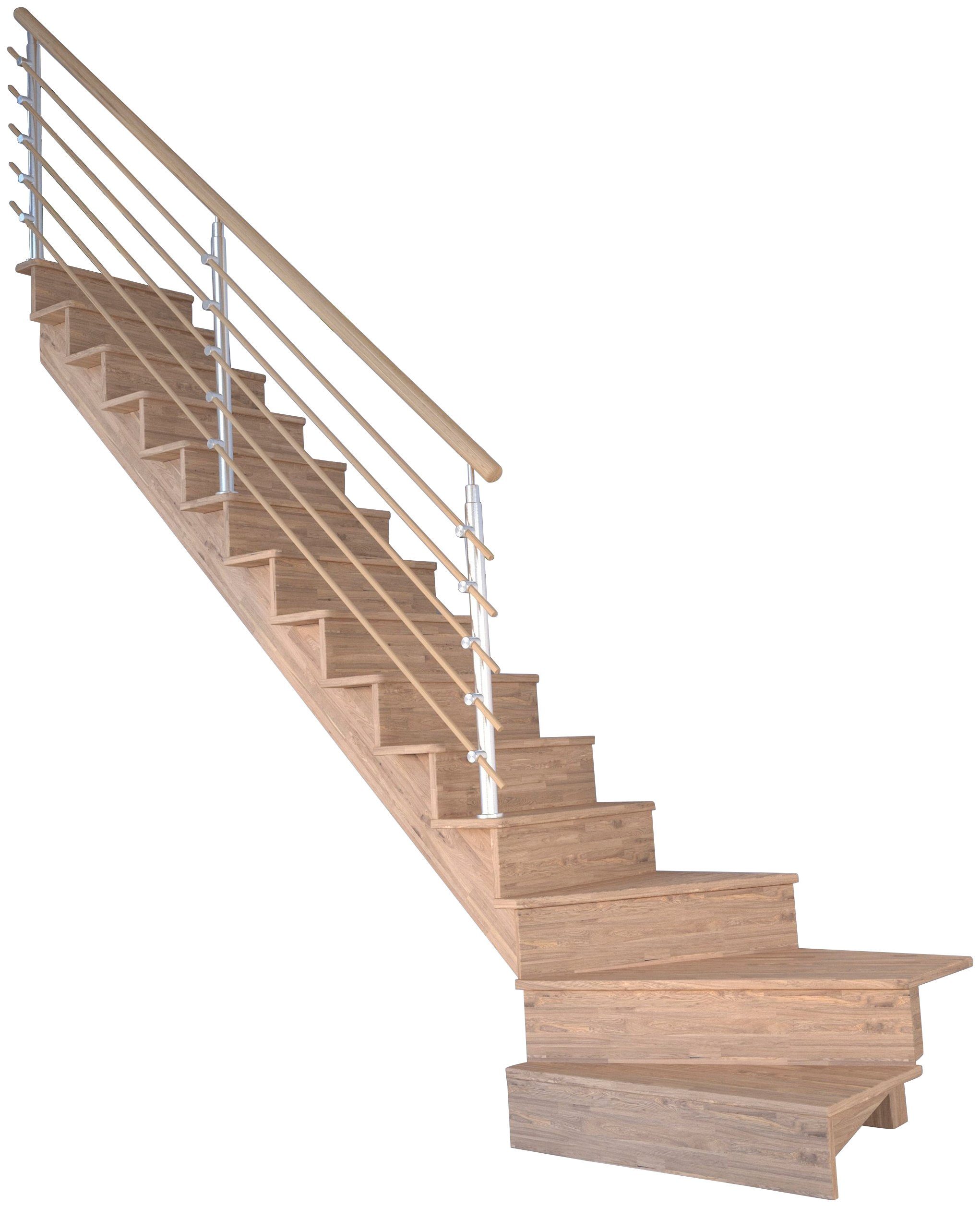 Starwood Systemtreppe Massivholz Lindos, Design-Geländer Holzrundstäbe, für Geschosshöhen bis 300 cm, Stufen geschlossen, gewendelt Links, Durchgehende Wangenteile