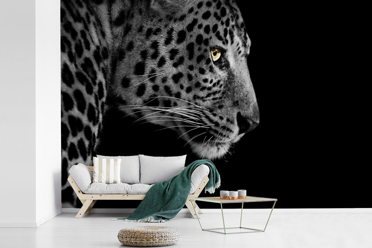 MuchoWow Fototapete Leopard - Schwarz Matt, bedruckt, Tapete Wohnzimmer, Pelz, St), Schlafzimmer, Wallpaper Kinderzimmer, Vinyl Weiß - (6 für 