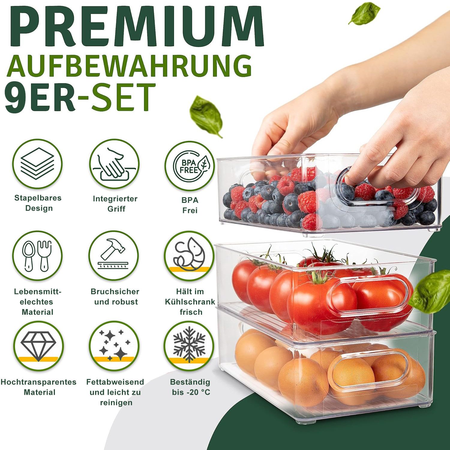 Refined Living Aufbewahrungsbox Kühlschrank Organizer Set Stapelbar - 9er Set (3 Größe) Korbeinsatz (Küchen Organizer mit Griff Küchenorganizer-Set Vorratsdose  – Bild 4 von 5