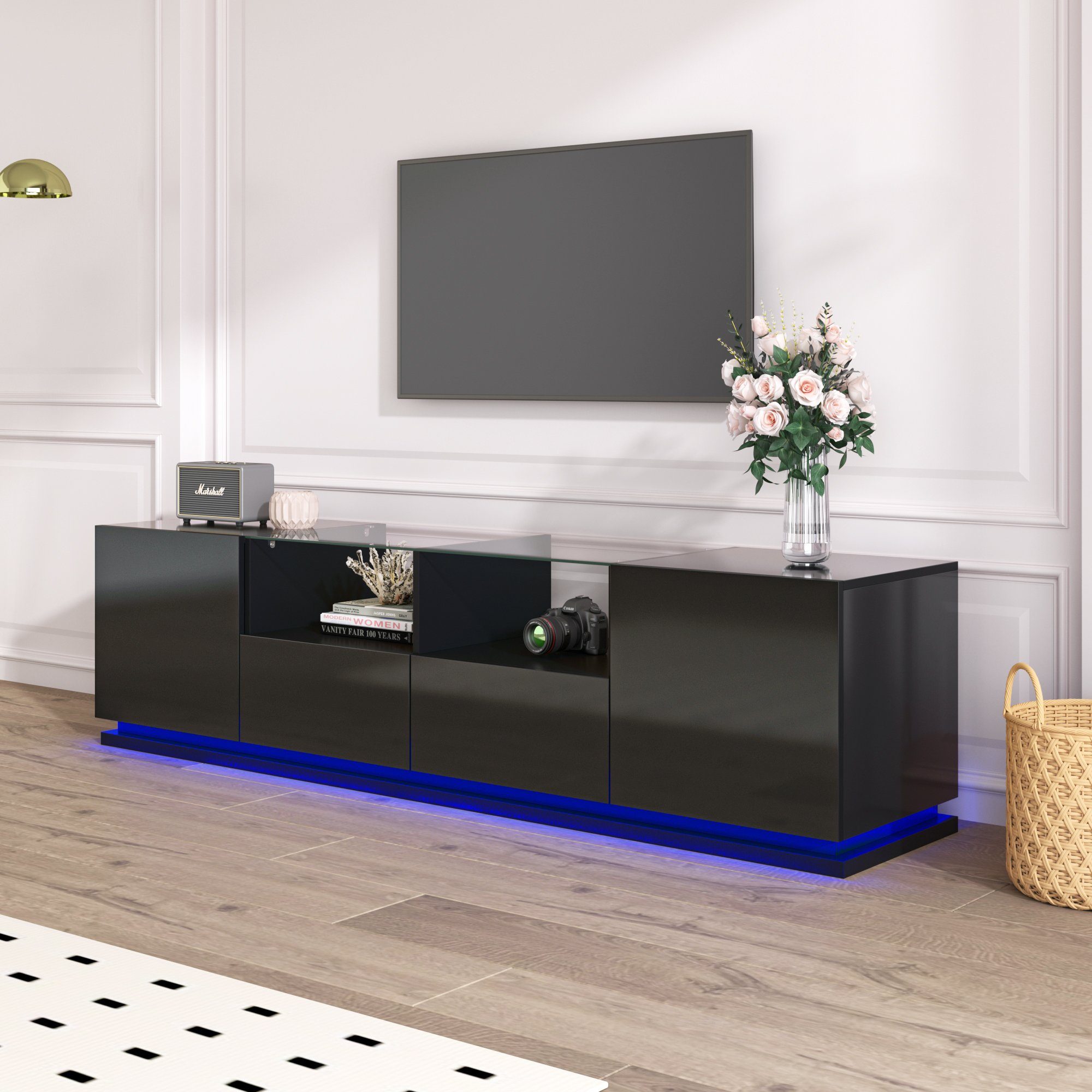 Merax Lowboard mit Glastischplatte und LED, B:165cm, TV-Schrank hochglanz, TV-Board mit Türen und Schubladen