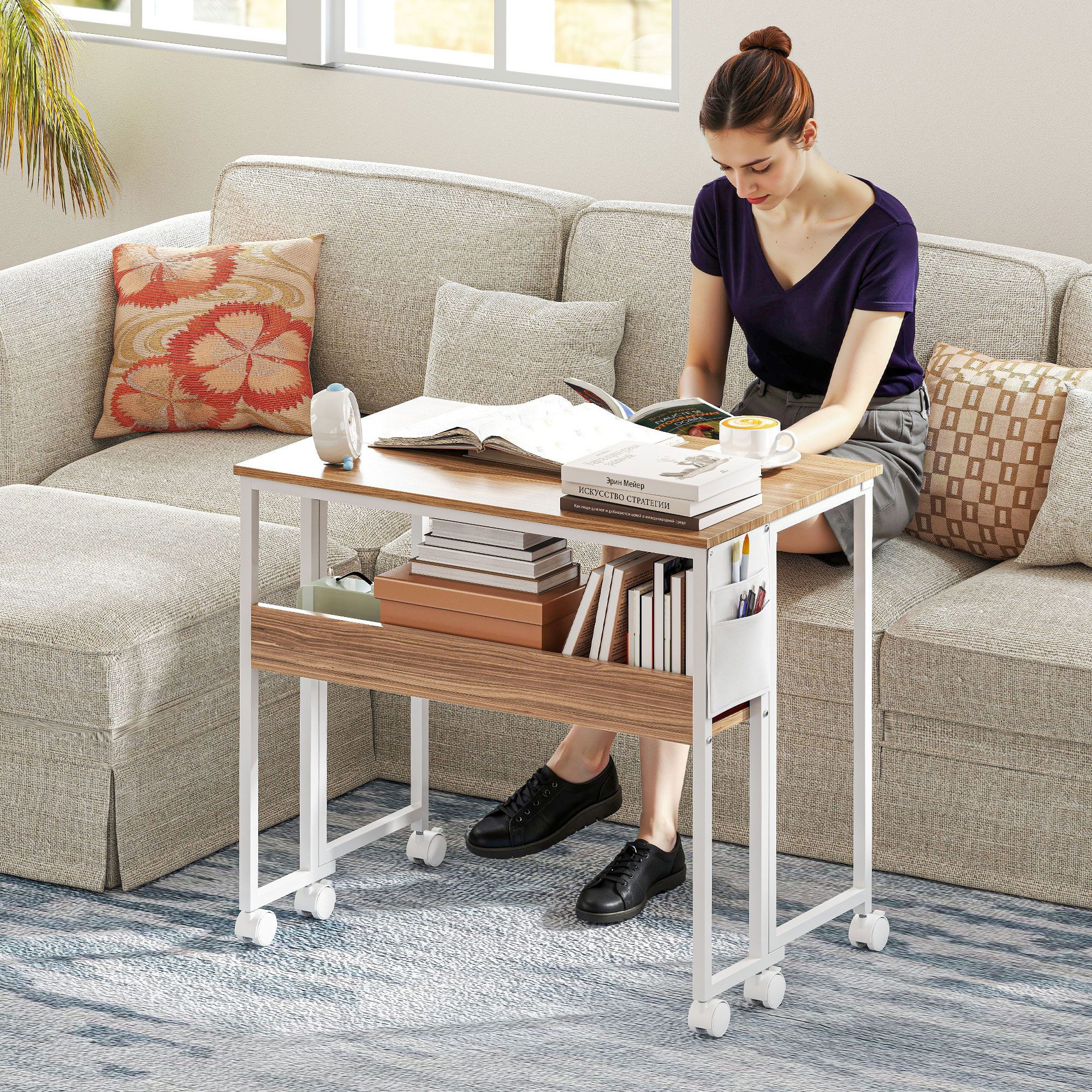 HOMCOM Schreibtisch klappbarer (Klappschreibtisch, 1-St., Platzsparend Computertisch), mit Regal, Aufbewahrungstasche, für Home Office, Natur