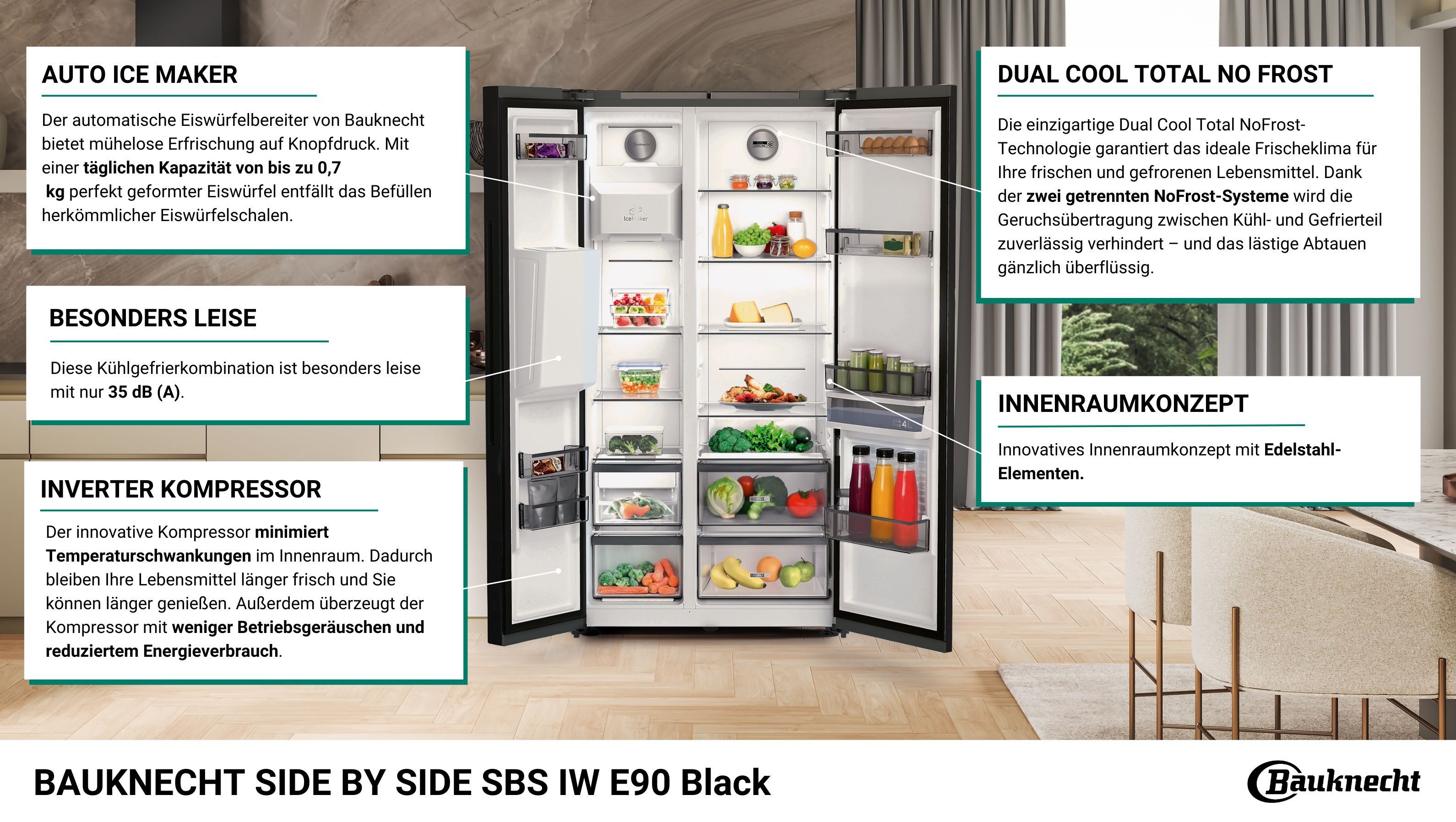 BAUKNECHT Side-by-Side SBS IW E90 Black, 179 cm hoch, 91 cm breit, Wasser- & Eiswürfelspender – jederzeit Wasser, Eis & Crushed Eis