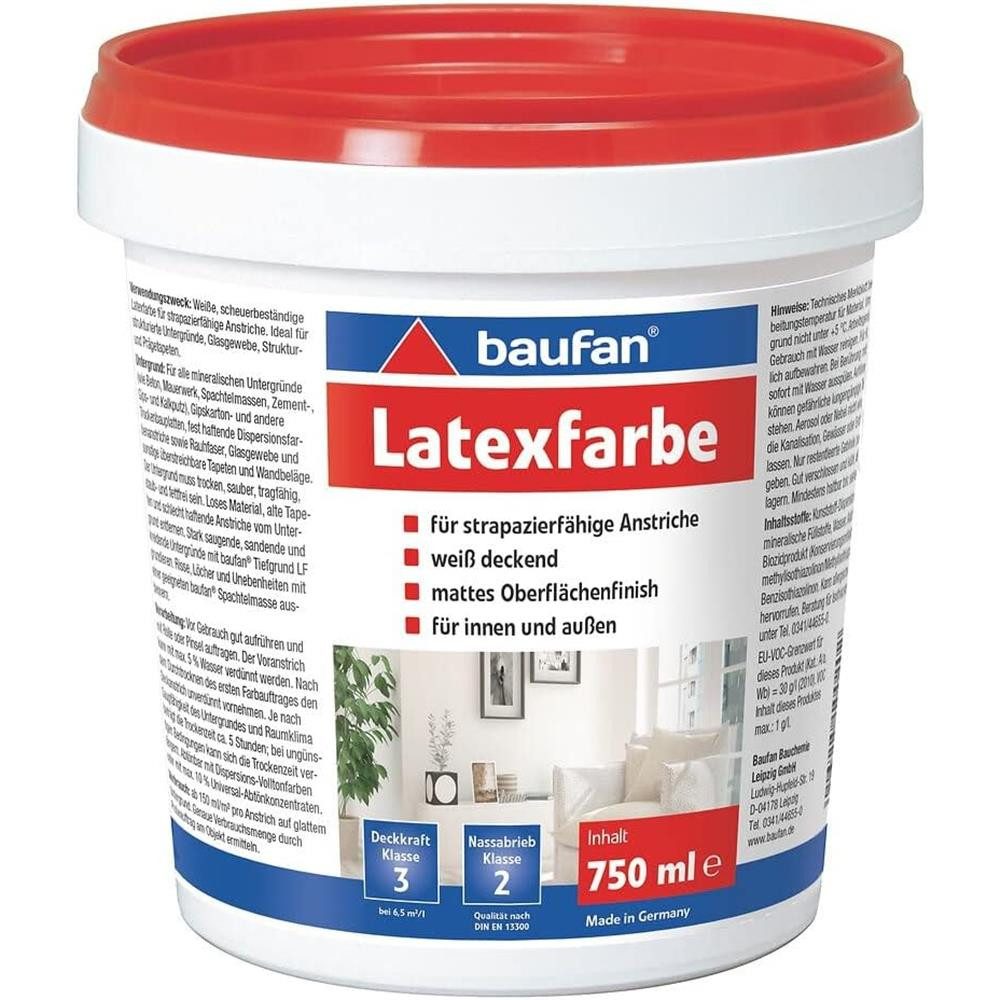 baufan® Latexfarbe Latex Farbe für Innen und Außen, Reinweiss matt 0,75 l