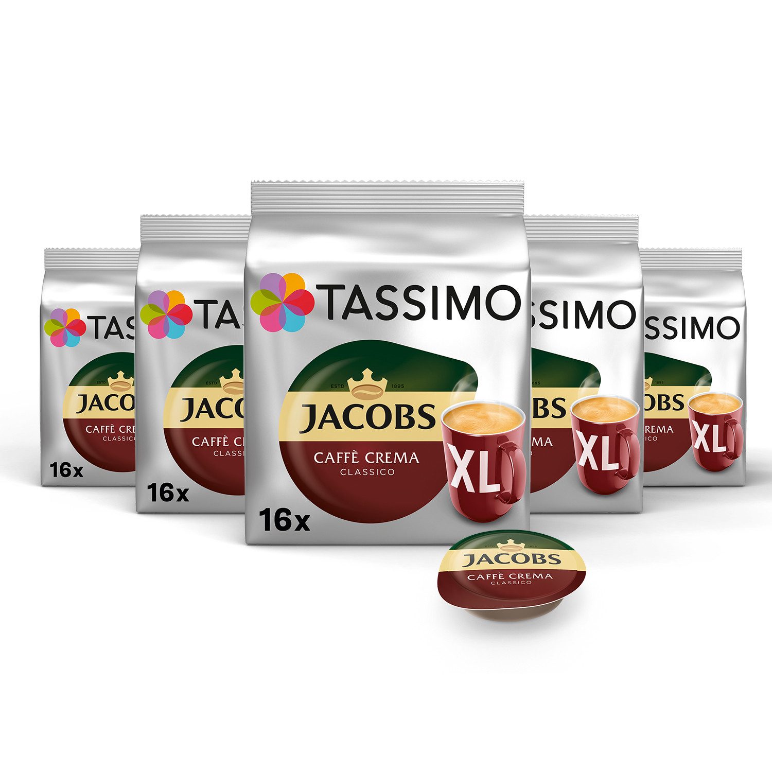 TASSIMO Kaffee Kapseln Jacobs Caffè Crema Classico XL T Discs 5x 16 Getränke, (Packung, 5er Pack)