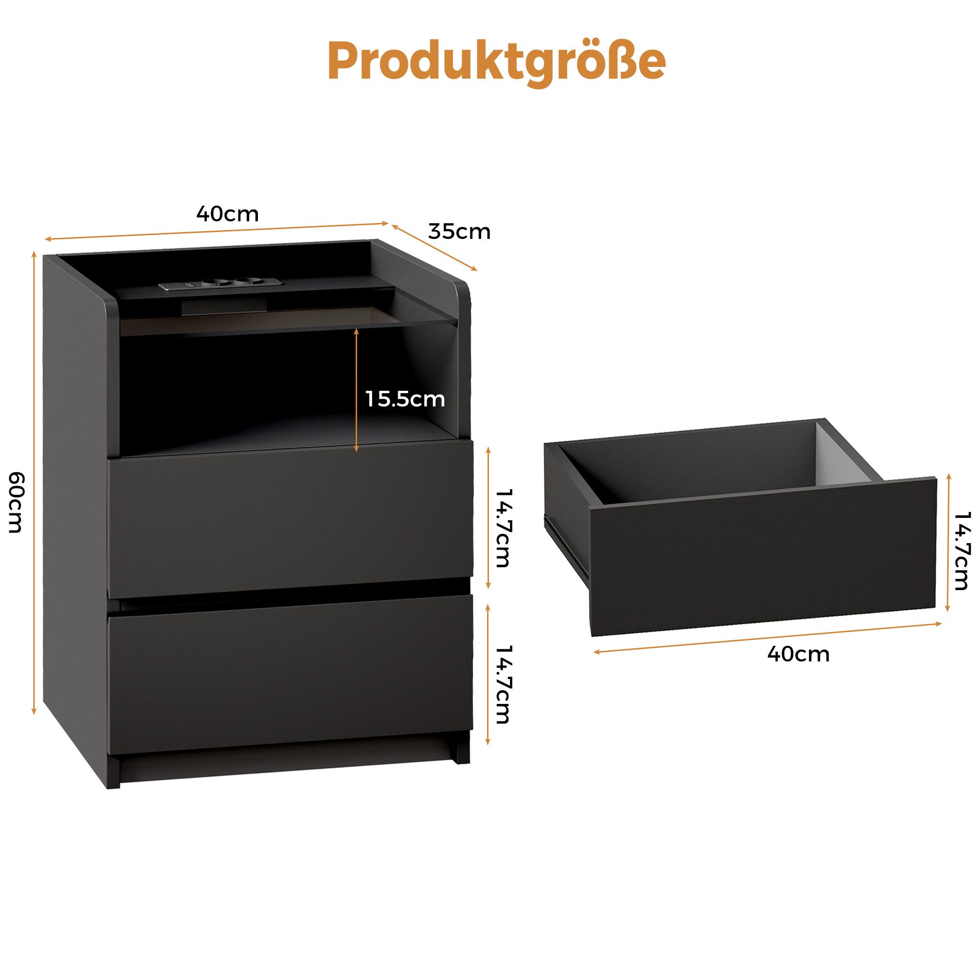 BEWISHOME Nachttisch 2er Set mit RGB-LED-Beleuchtung und Ladestation, 40x35x60 cm (2-St), Gehärtete Glasplatte, 2 Schubladen & Offenes Fach