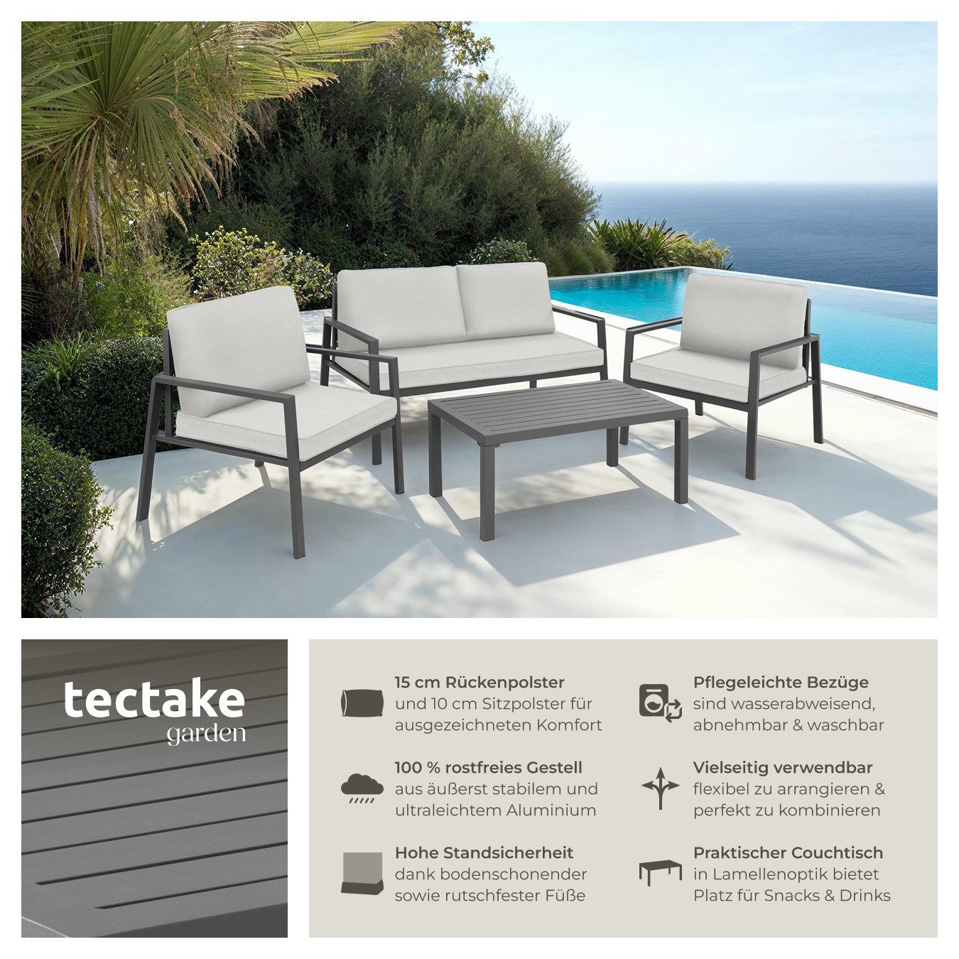 tectake Essgruppe Aluminium Sitzgruppe, (Set., 4-tlg), Extradicke und wasserabweisende Kissen