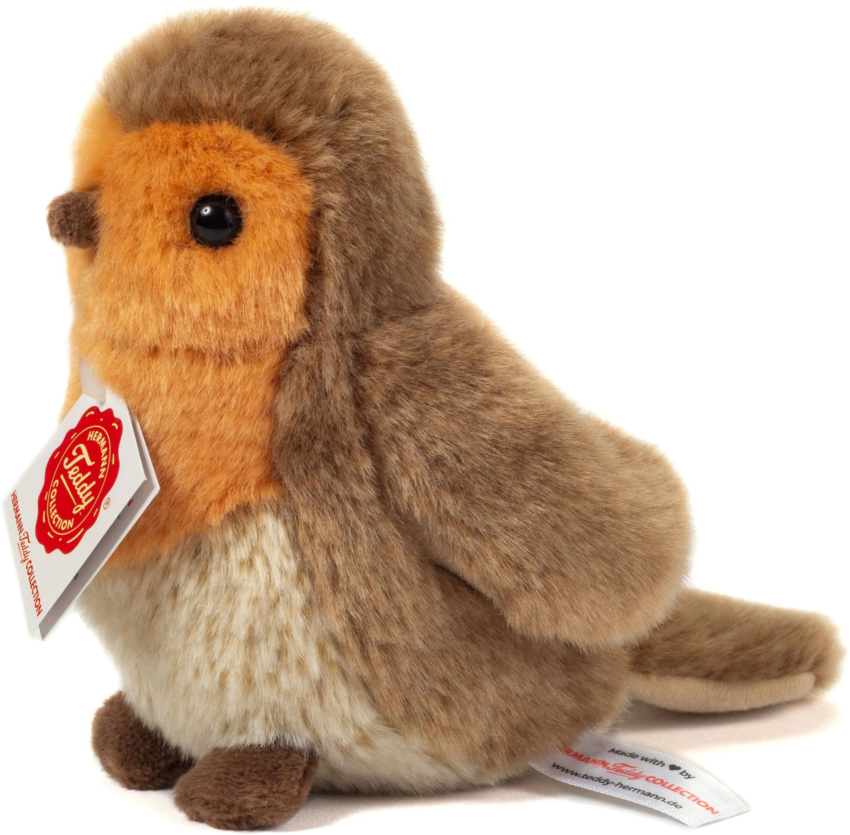Teddy Hermann® Kuscheltier Rotkehlchen stehend braun/orange, 15 cm, zum Teil aus recyceltem Material