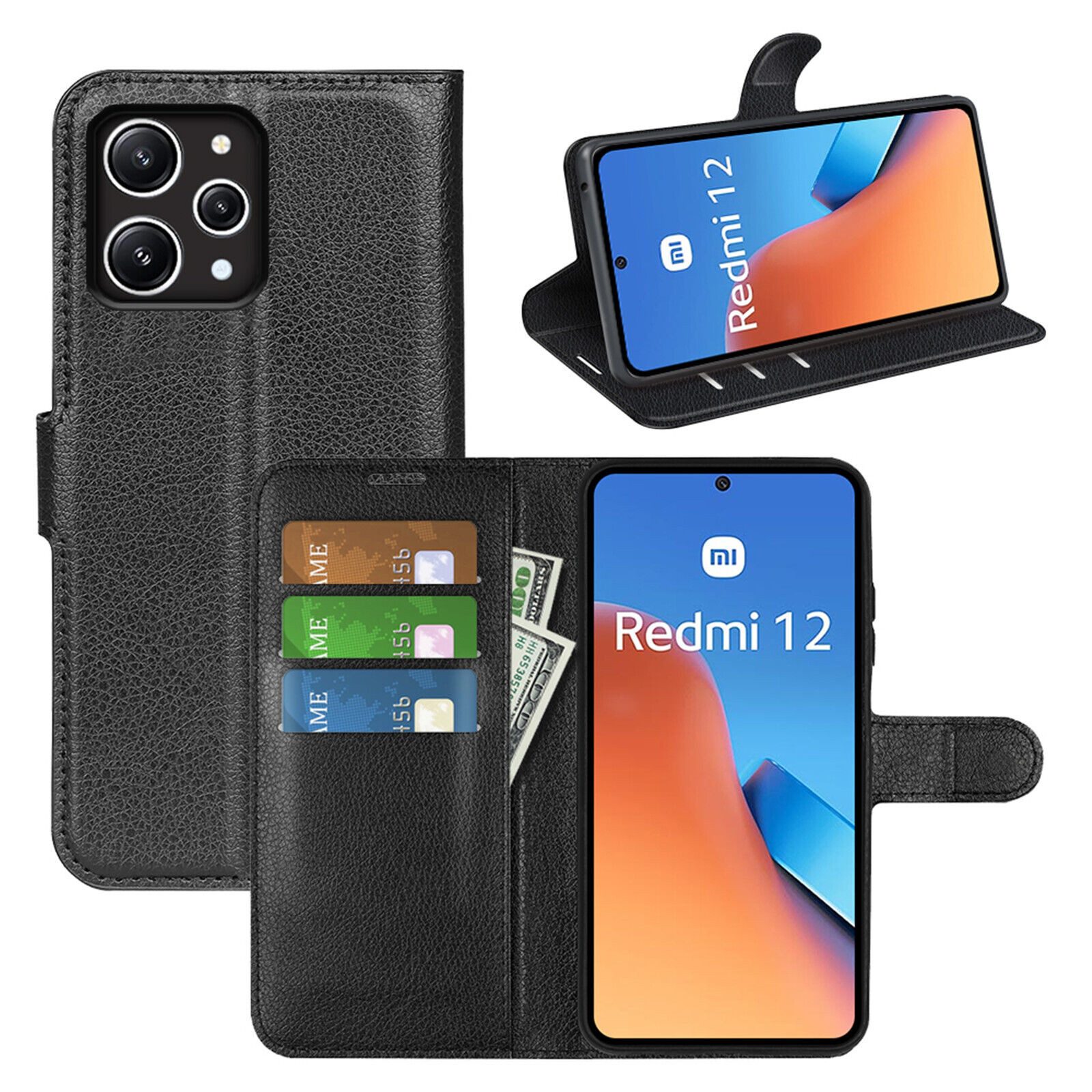 betterfon Handyhülle Handytasche für Xiaomi Redmi 12 Klapphülle Schwarz, 3 Kartenfächer, Magnetverschluss & Standfunktion im Lederlook