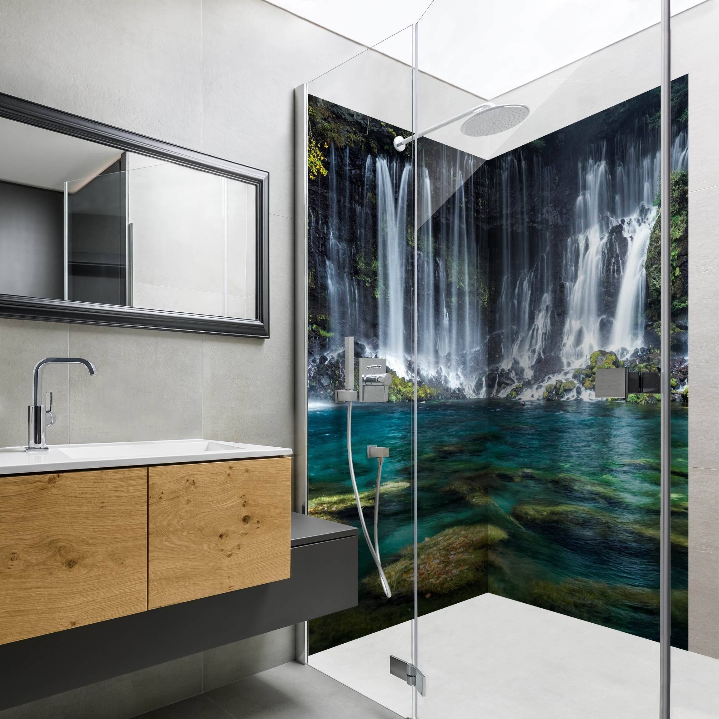 Bilderdepot24 Duschrückwand Wasserfall petrol Duschrückwand ohne Bohren Wald Natur, (2-tlg., 0,61 mm starke Folie selbstklebend Wandpaneele Dusche versch. Größen), fugenlose & wasserfeste Motiv Rückwand Wandverkleidung für Duschkabine