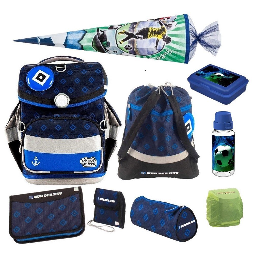 SCHOOL-MOOD® Schulranzen Timeless Air+ für Jungen von der 1. bis 4. Klasse (Set, 10-tlg), im HSV Stil Stil mit Dose, Flasche und Schultüte 85 cm