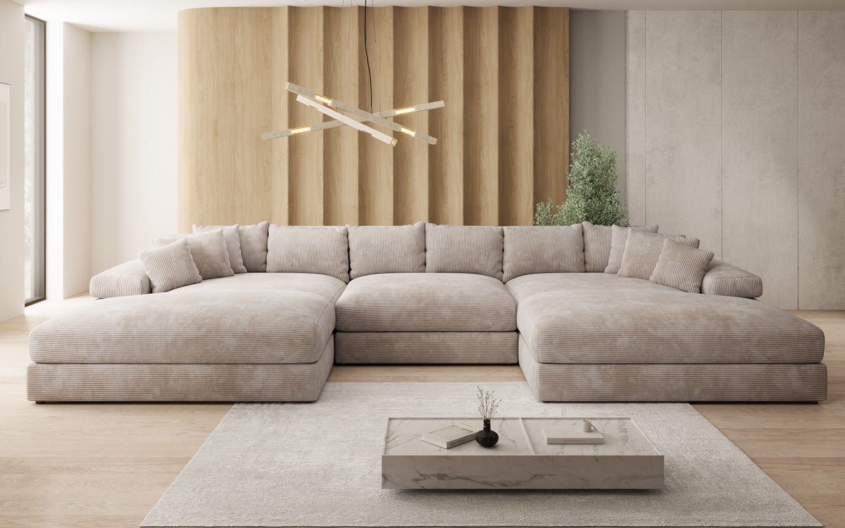 Luxusbetten24 Sofa Designer Sofa Bernardo U in Cord, mit breiter Ottomane
