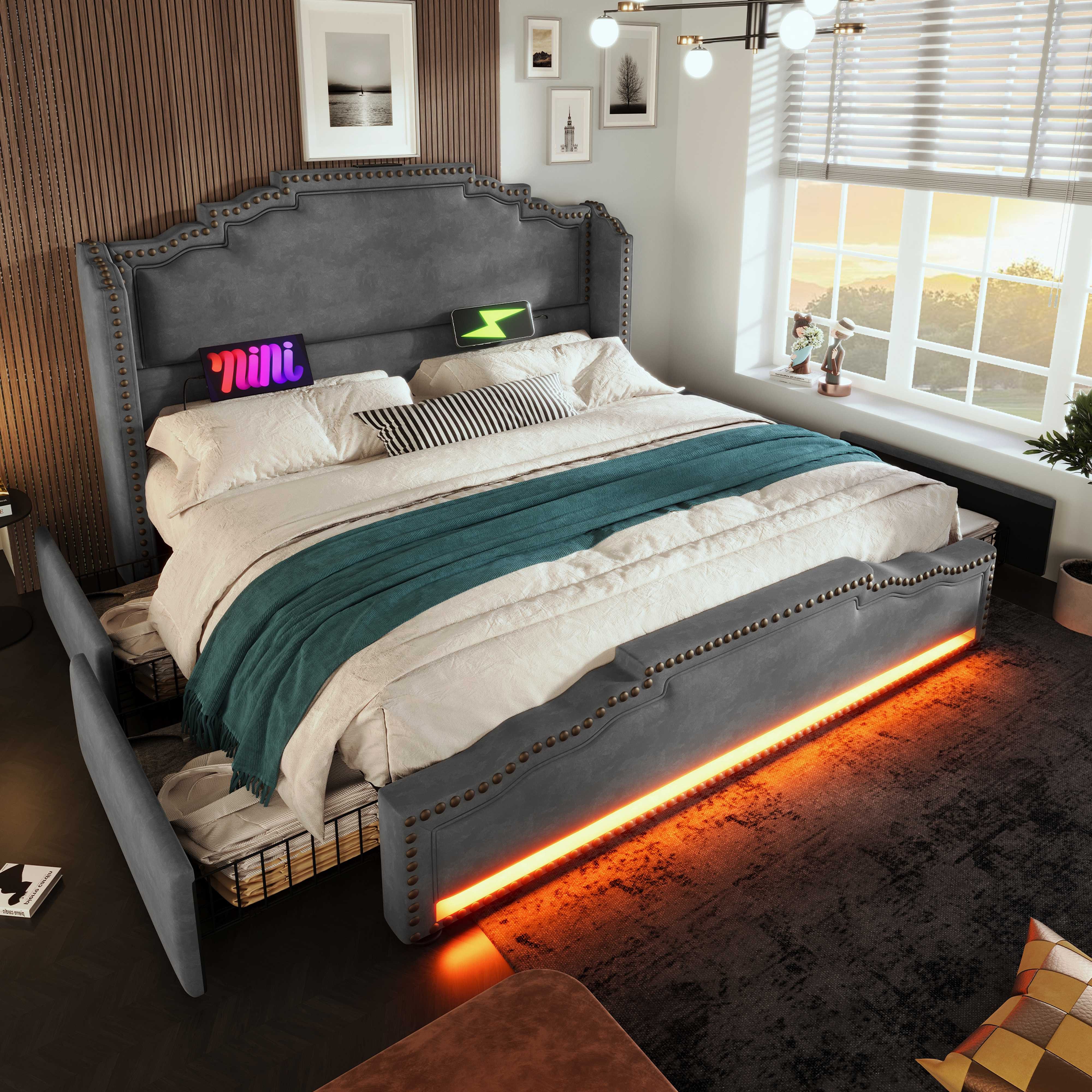 BlingBin Polsterbett Doppelbett Stauraumbett Jugendbett (1-tlg., Vintage-Bettgestell mit LED-Stimmungsbeleuchtung, USB-Ladeanschlüssen), Stilvolle Kombination aus Samt, Metall und Massivholz