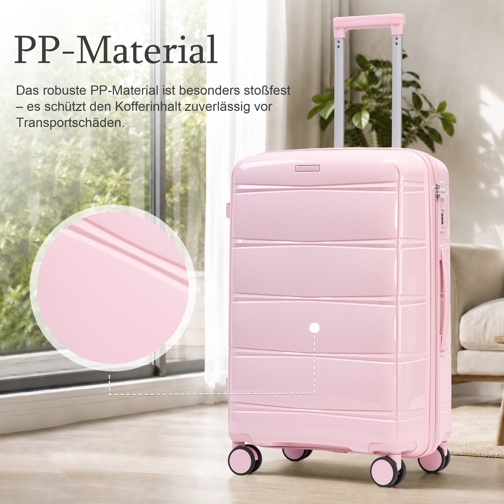 i@home Kofferset 20 Zoll Glänzender PP-Handgepäckkoffer, 360° Leichtlaufrollen, Rosa, 4 Rollen, (1 tlg., 1 Handgepäck), mit Eisen-Teleskopgriff, Leichter Reisek – Bild 2 von 5