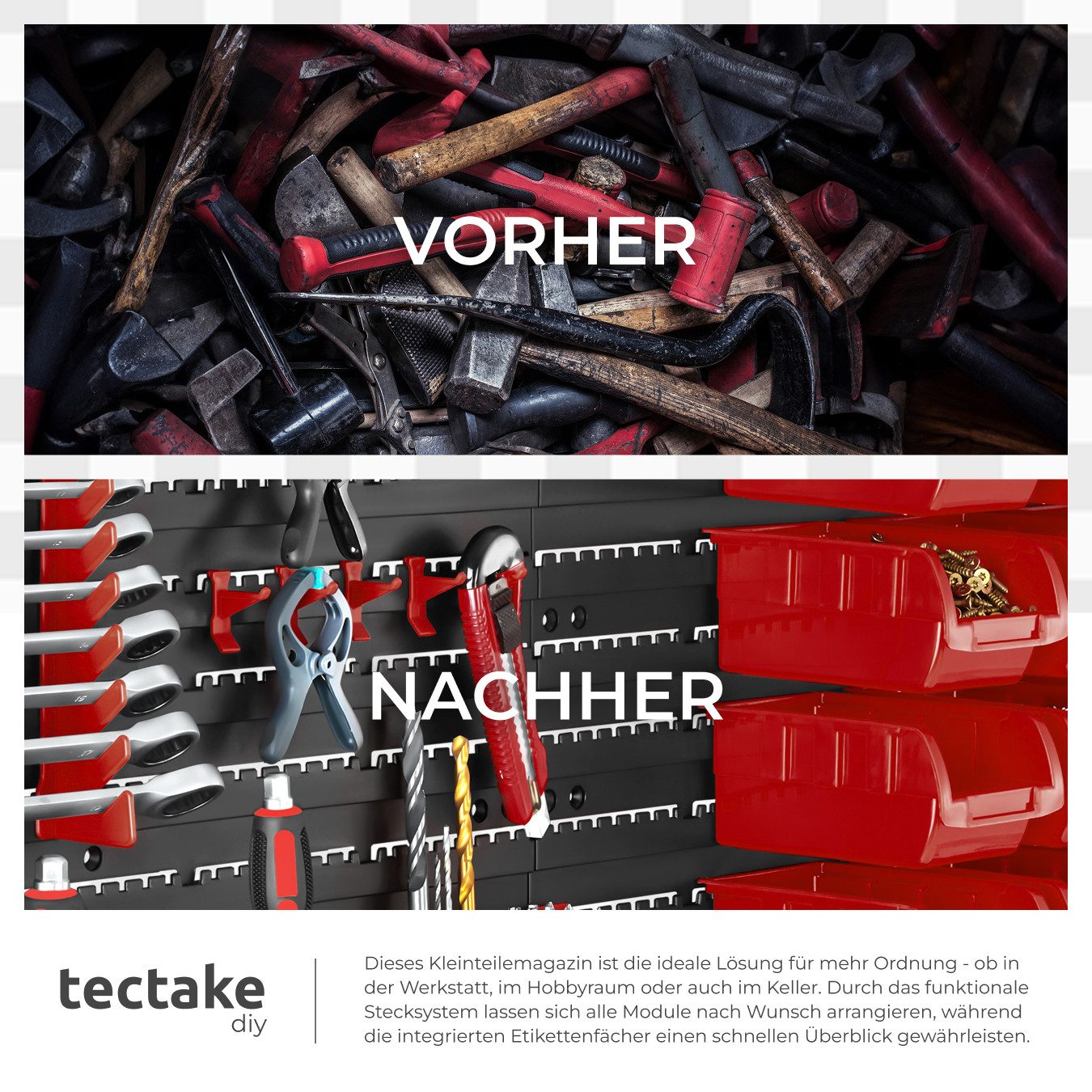 tectake Regal 88-tlg. Kleinteilemagazin mit 4 Wandplatten und Werkzeughalterungen, Stapelboxen-System 2-tlg., je 28 schwarze/rote Stapelboxen, Komfort-Eingriff, – Bild 5 von 5