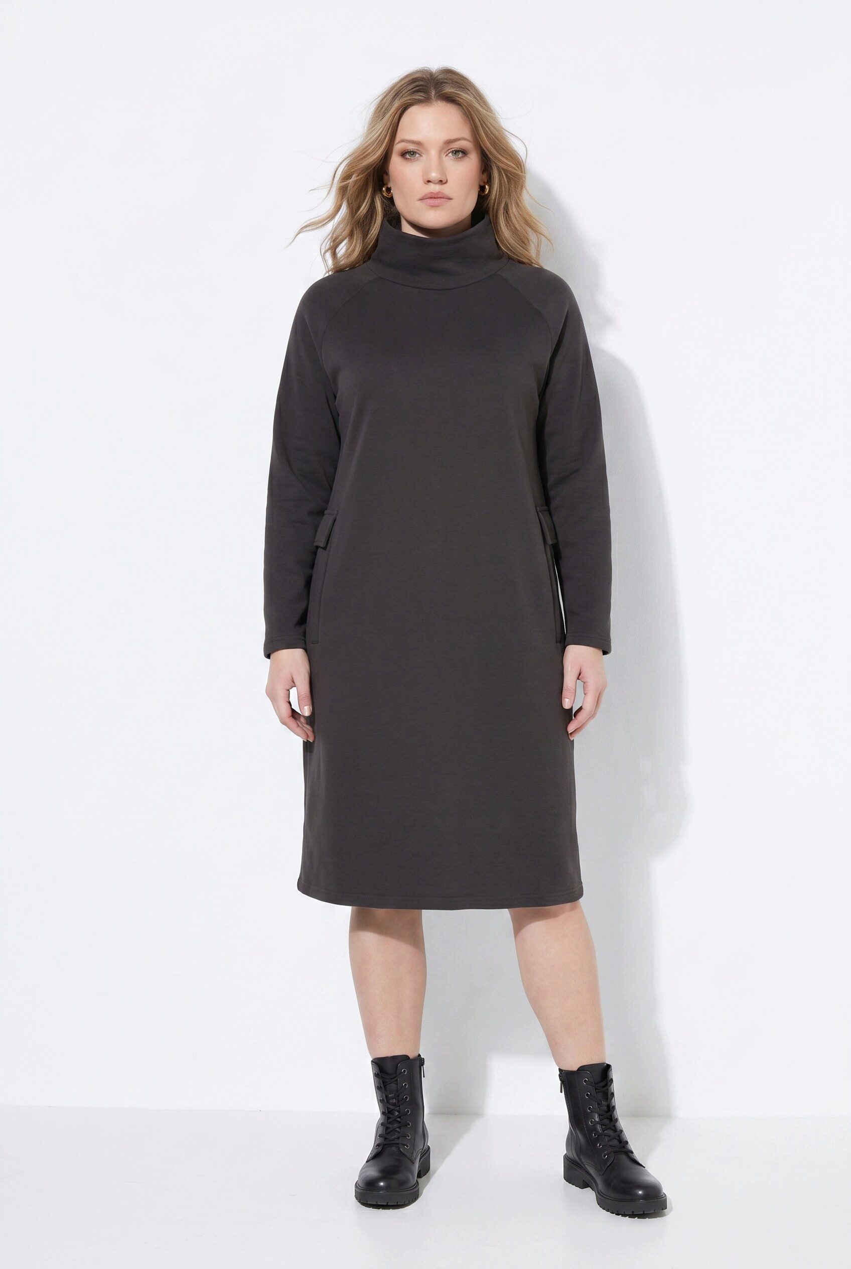 Ulla Popken Midikleid Midi-Sweatkleid Taschen Stehkragen Langarm