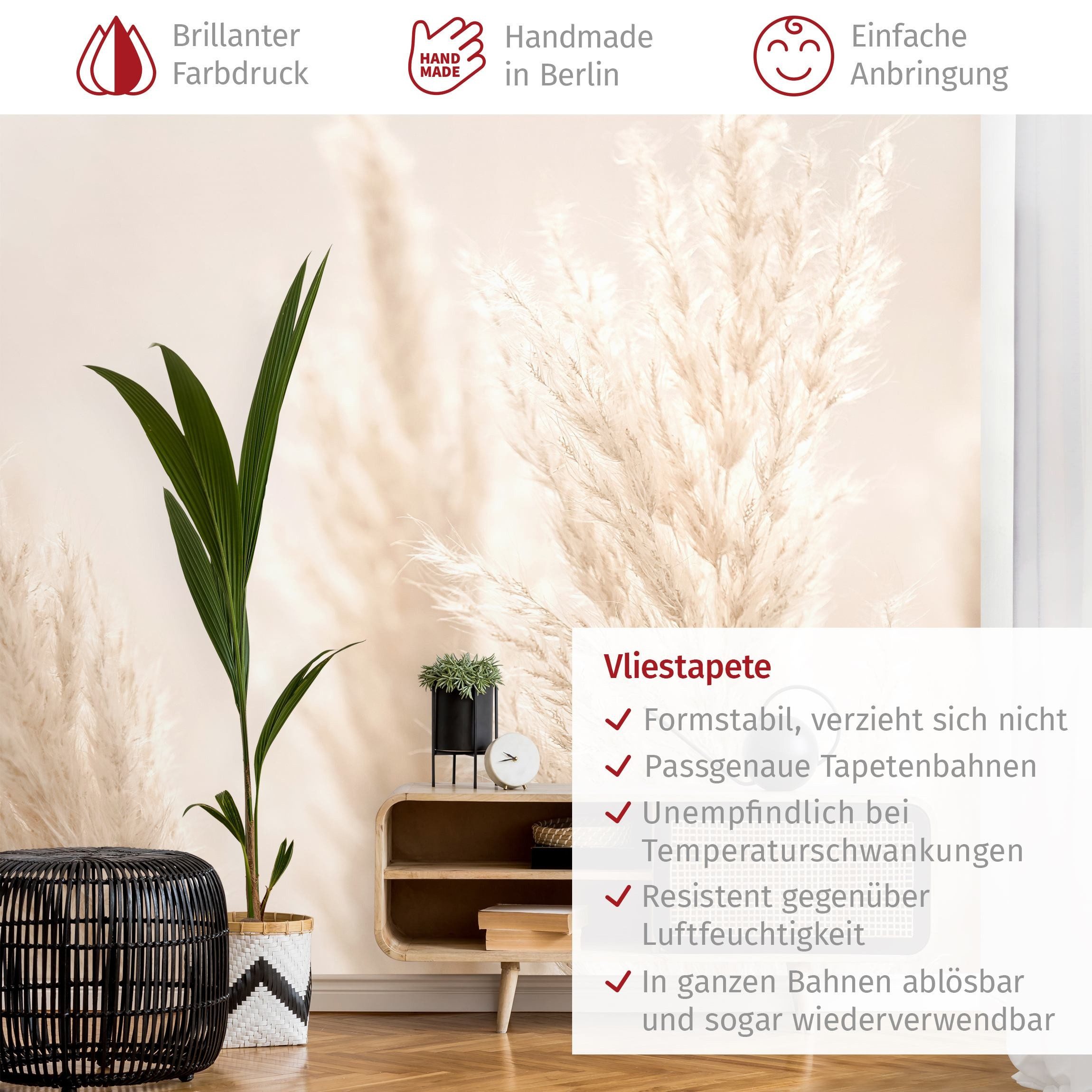 Bilderdepot24 Fototapete Blumen Pampasgras Sonnenlicht Blumentapete Floral Natur Modern Kunst, Glatt, Matt, (Vliestapete inkl. Kleister oder selbstklebend), Wohnzimmer Schlafzimmer Küche Flur Motivtapete Vliestapete Wandtapete