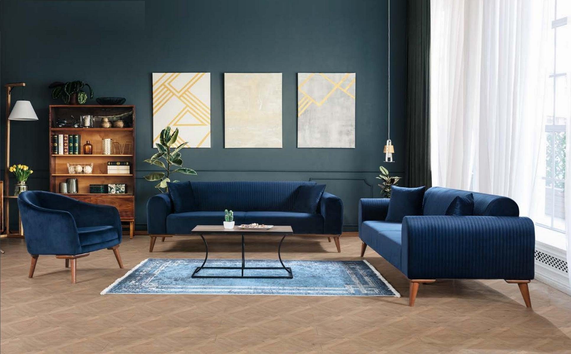Europe Sofa, Couch Dreisitzer Couchen JVmoebel Sofa Blaue Made Samt in Wohnzimmer