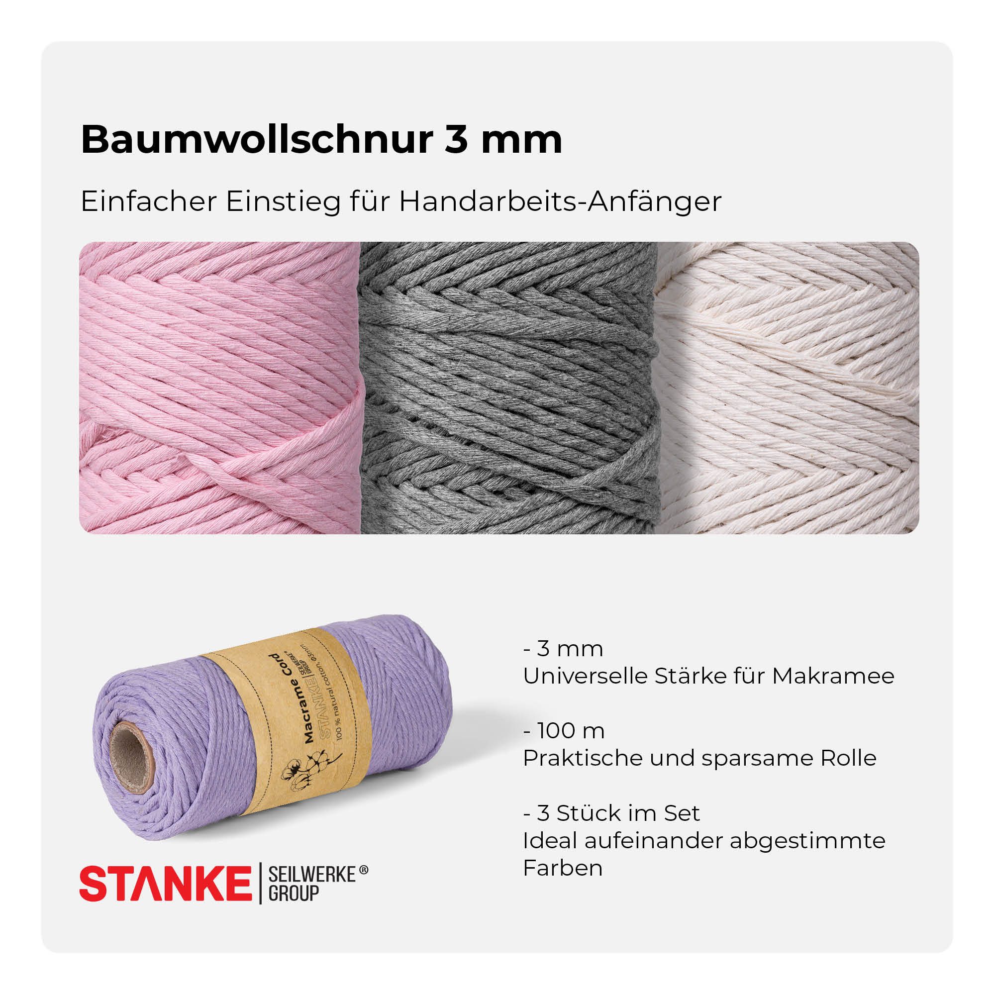 STANKE Makramee Garn 3mm Set 3x100 m - Farben: Hellblau, Rosa, Natur Bastelgarn, 300 m (3x100m Rolle, 3-St., 3x100m Rolle), Baumwollgarn für Boho DIY, Körbchen, Traumfänger 100% Baumwolle