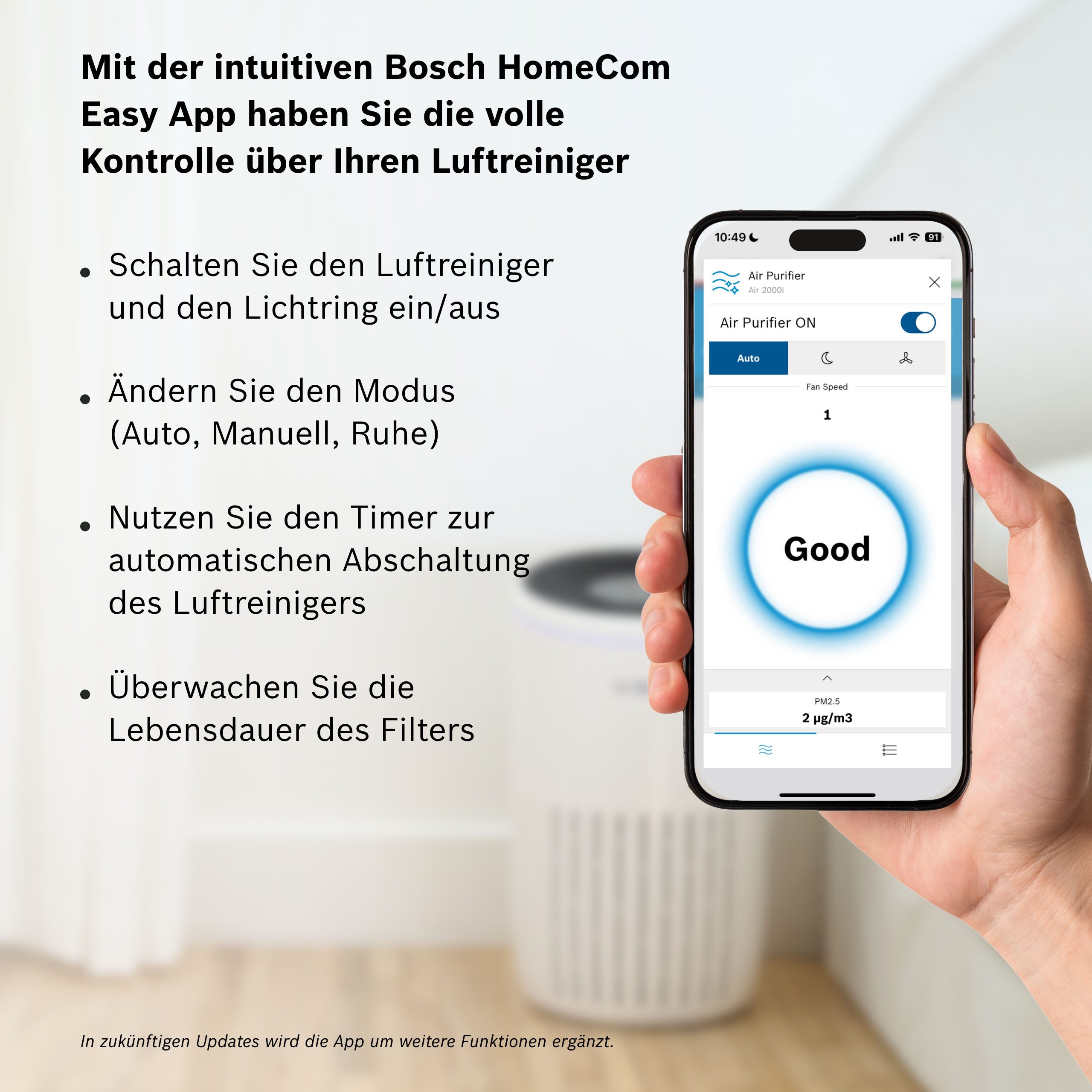 BOSCH Luftreiniger Air 2000i, kompakt mit App-Steuerung, für 37 m² Räume, mit 3-in-1 Luftfilter, Smart Sensor, Automatik-, Ruhemodus < 25 dB(A) – Bild 4 von 5